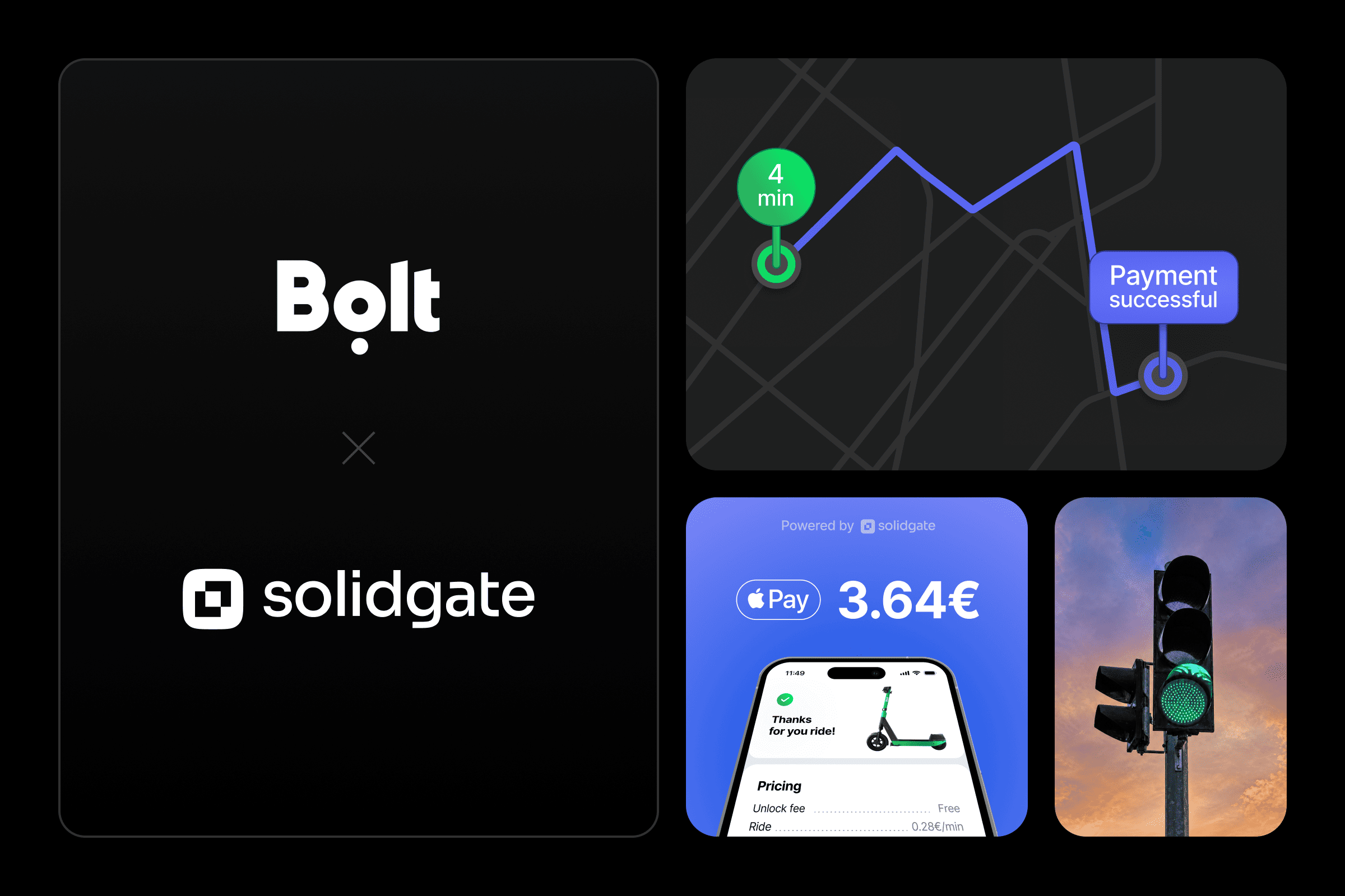 Mobile app interfaces featuring Bolt x Solidgate, successful payment, navigation, and a green light.