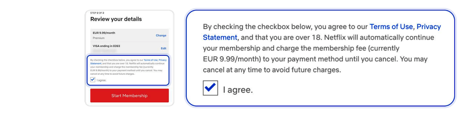 Recurring billing payment details confirmation for the customer