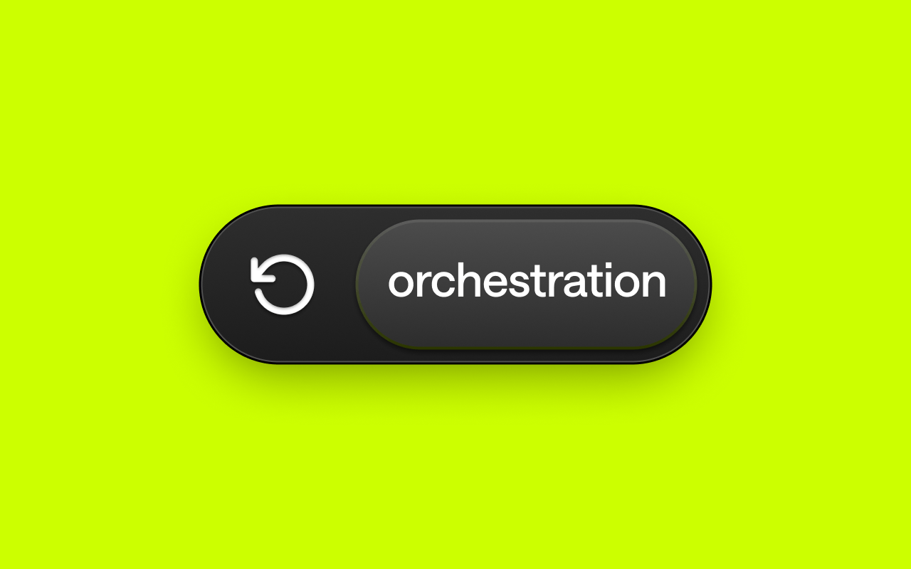 A round-edged, black button on a vibrant lime green background displays a white circular arrow and the word "orchestration," symbolizing a refresh or process action.