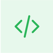 Rounded green icon with HTML code tag symbol on light green background.