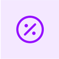 Purple icon with percentage sign, dots for numerator and denominator, on lilac background.