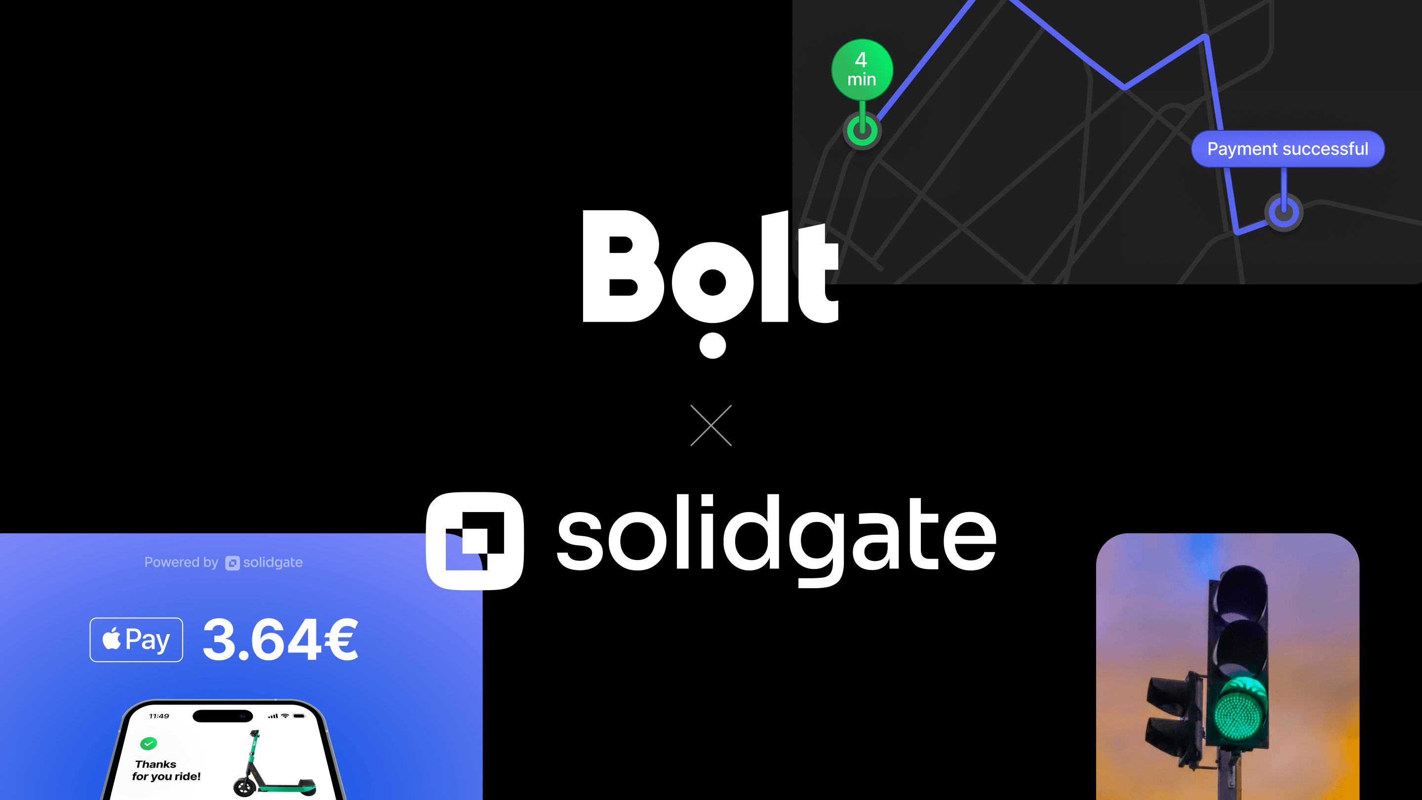 Bolt and Solidgate logos signify partnership, with mobile payment and map interfaces.