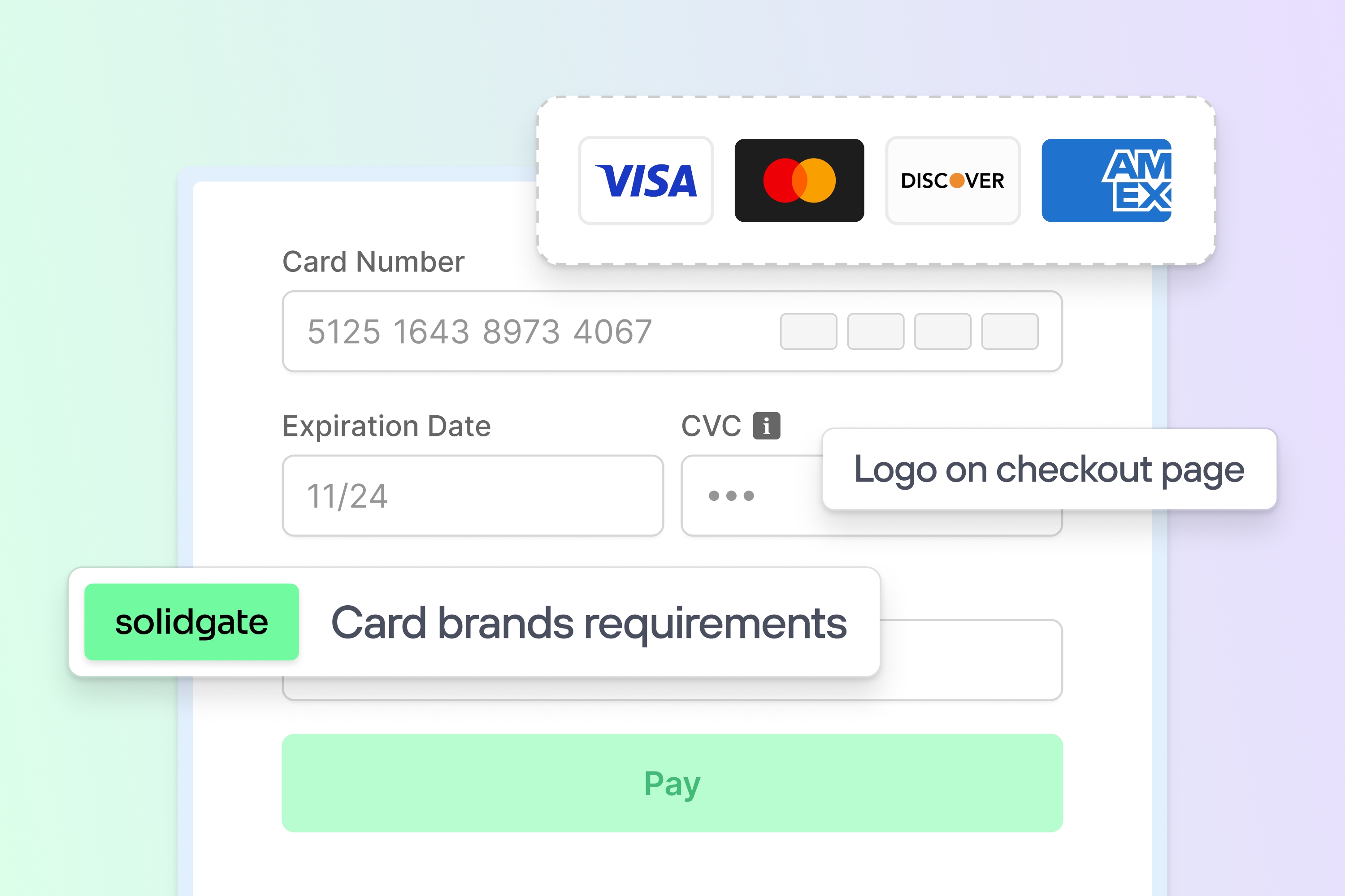 Checkout form with fields for card number, expiration date, and CVC, displaying logos for Visa, Mastercard, Discover, and Amex, and highlighting card brands requirements and Solidgate branding.