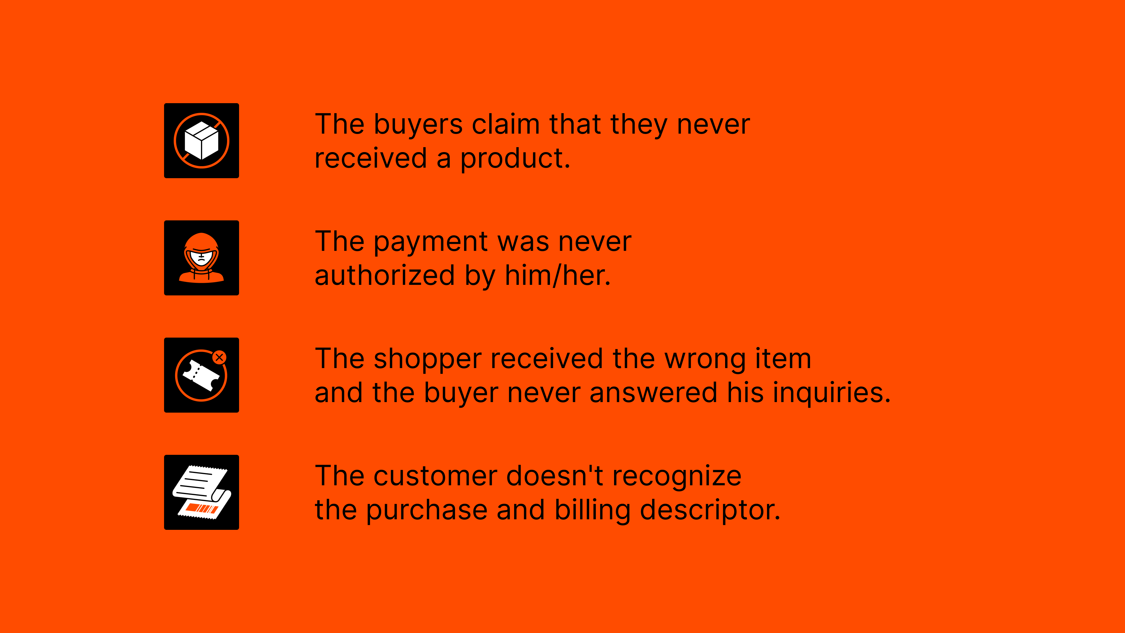 List of four reasons for customer disputes: non-receipt, unauthorized payment, wrong item, unrecognized purchase.