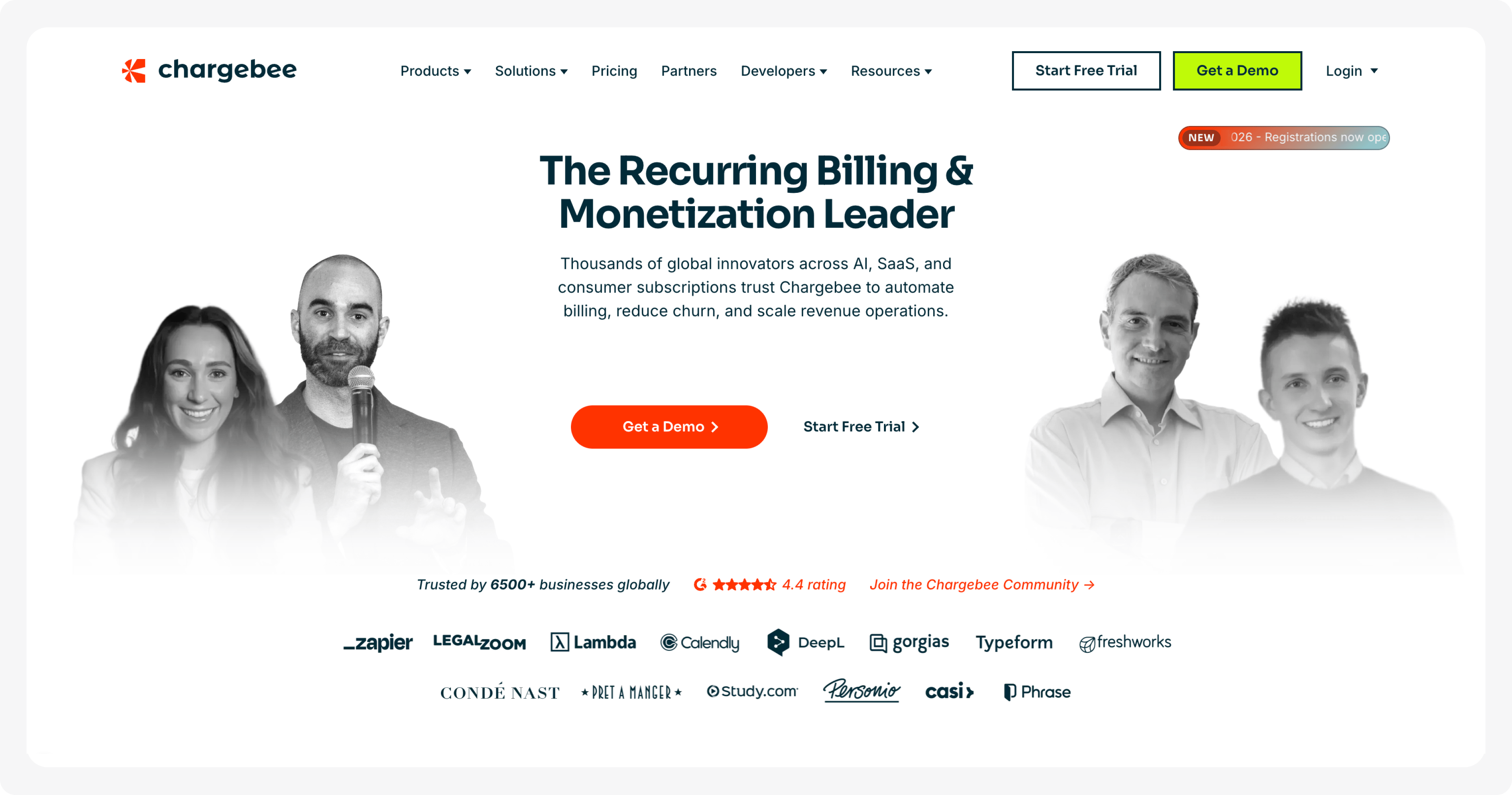 Chargebee website homepage showing its 'Recurring Billing & Monetization Leader' headline and key calls to action.