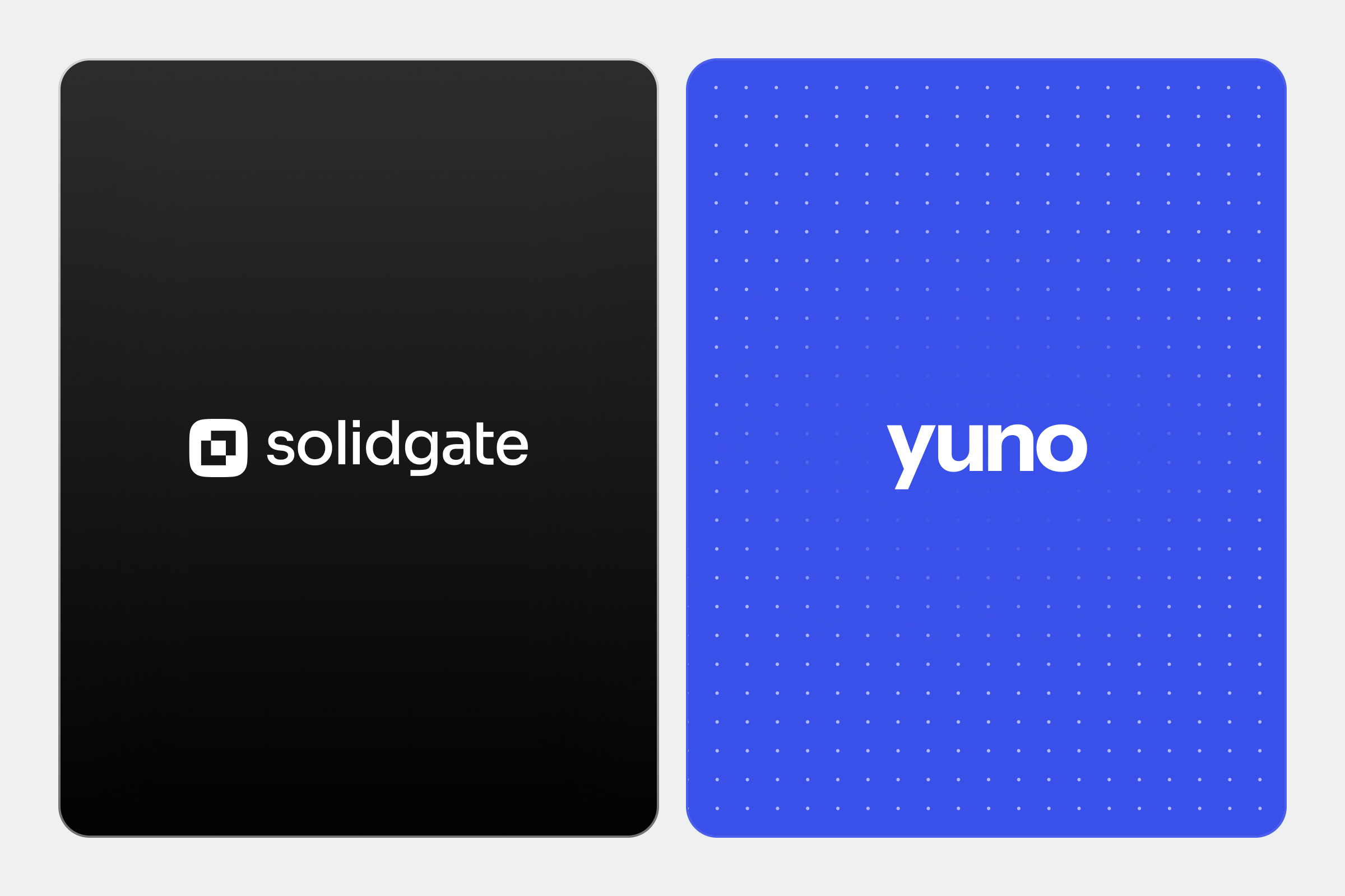 Solidgate logo on a black card and Yuno logo on a blue card.