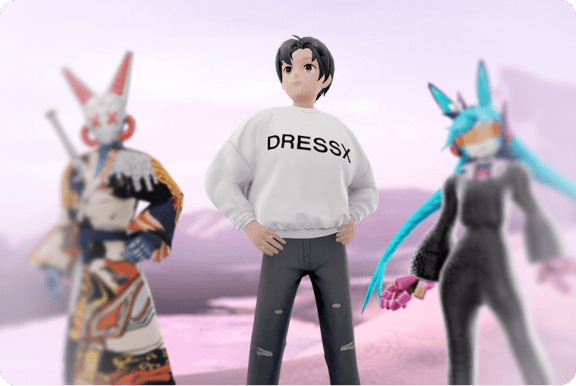A 3D character in a DRESSX sweatshirt stands between two blurred stylized figures.