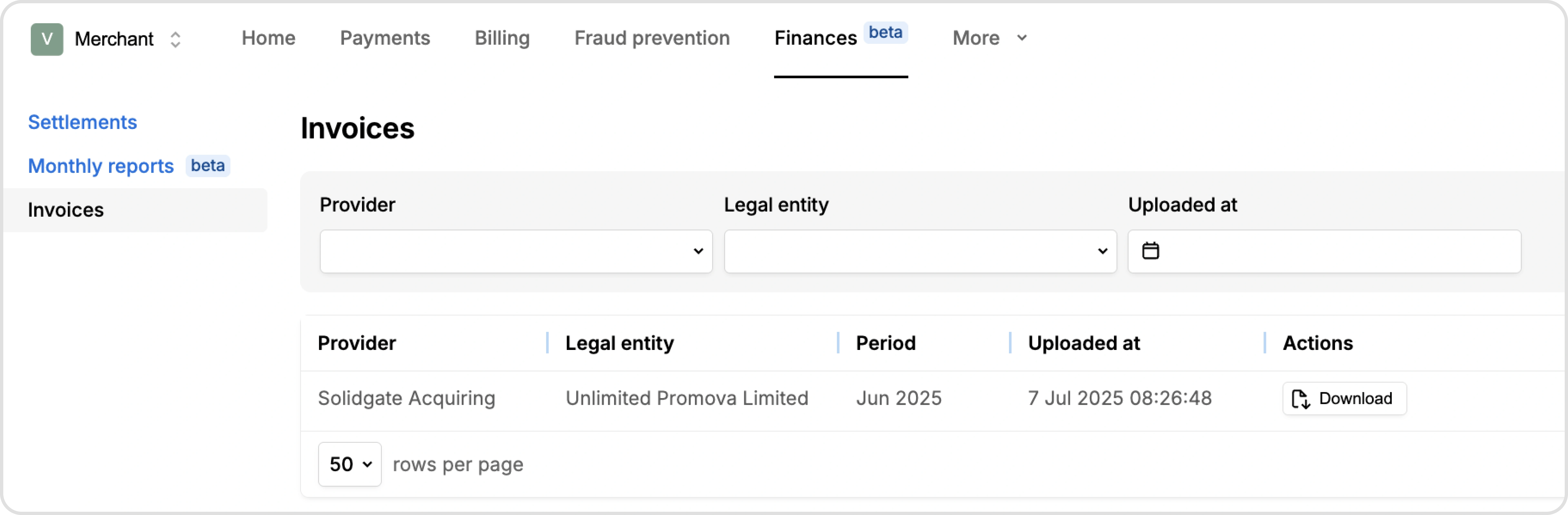 Invoices page showing a filterable table with provider, legal entity, period, upload date, and a download action button.