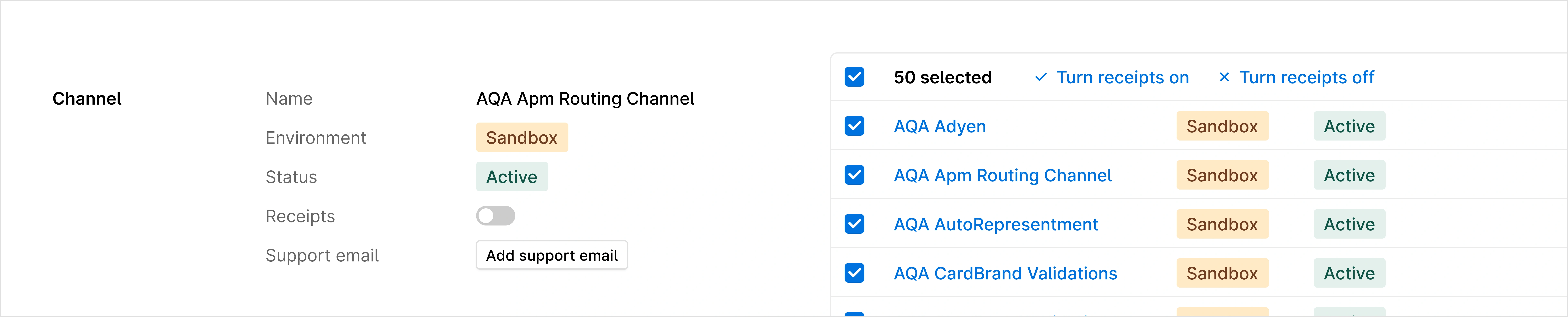 Channel settings panel showing a channel with sandbox environment, active status, and a bulk selection list on the right to enable 2FA.