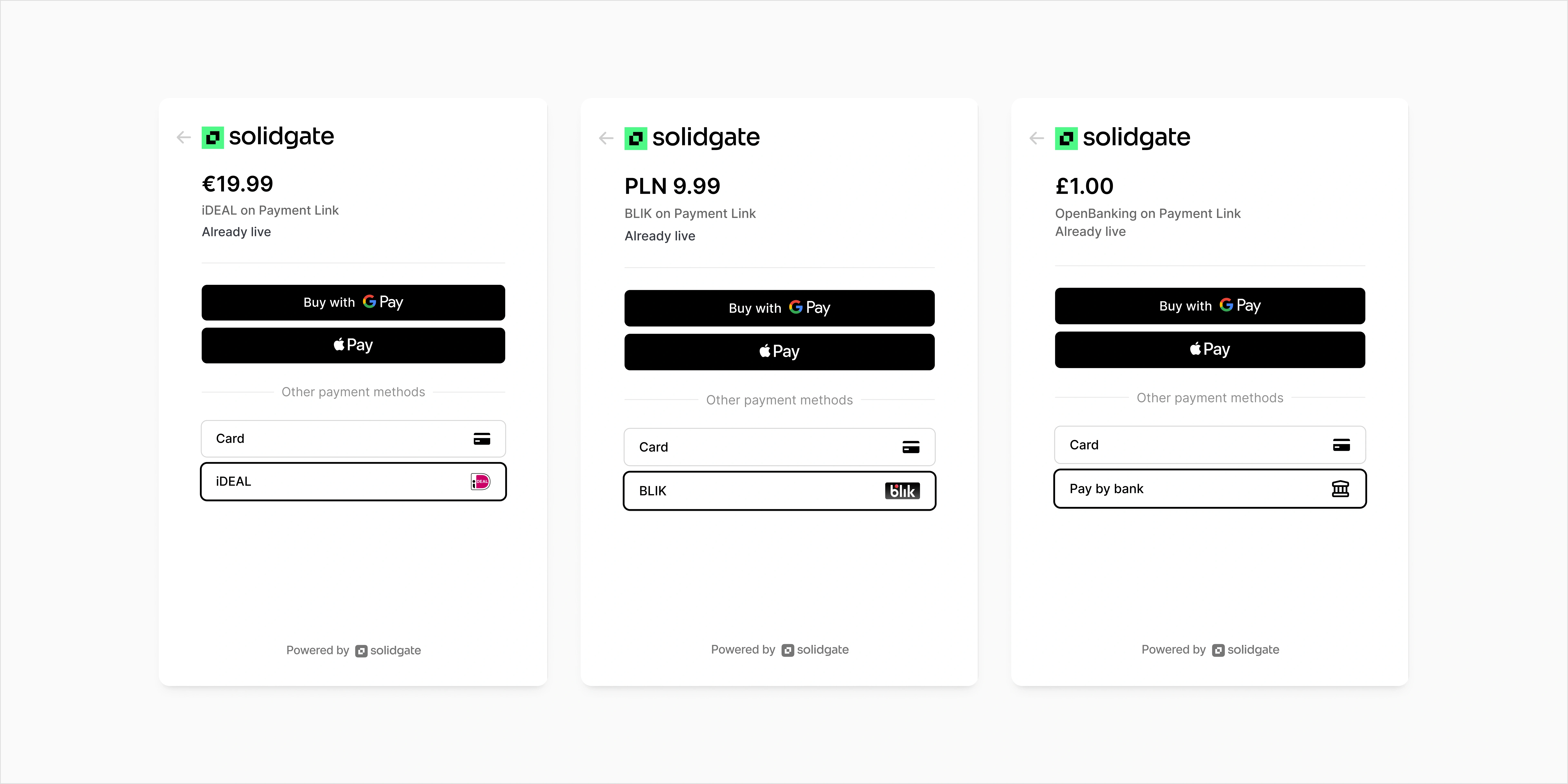 Three Solidgate payment forms showing amounts in EUR, PLN, and GBP with options for IDEAL, BLIK, and Pay by bank.