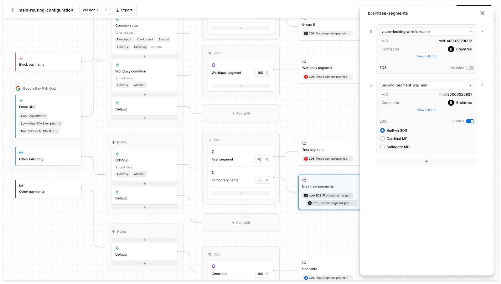 Routing configuration flowchart in a software interface showing audience segmentation by gender and app data.