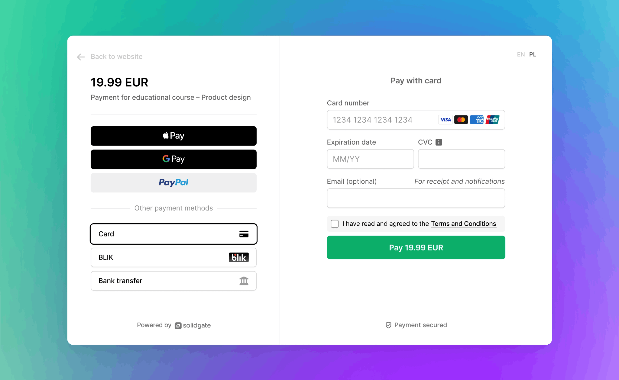 A payment checkout form for a product design course showing various payment methods like card, Apple Pay, and PayPal.
