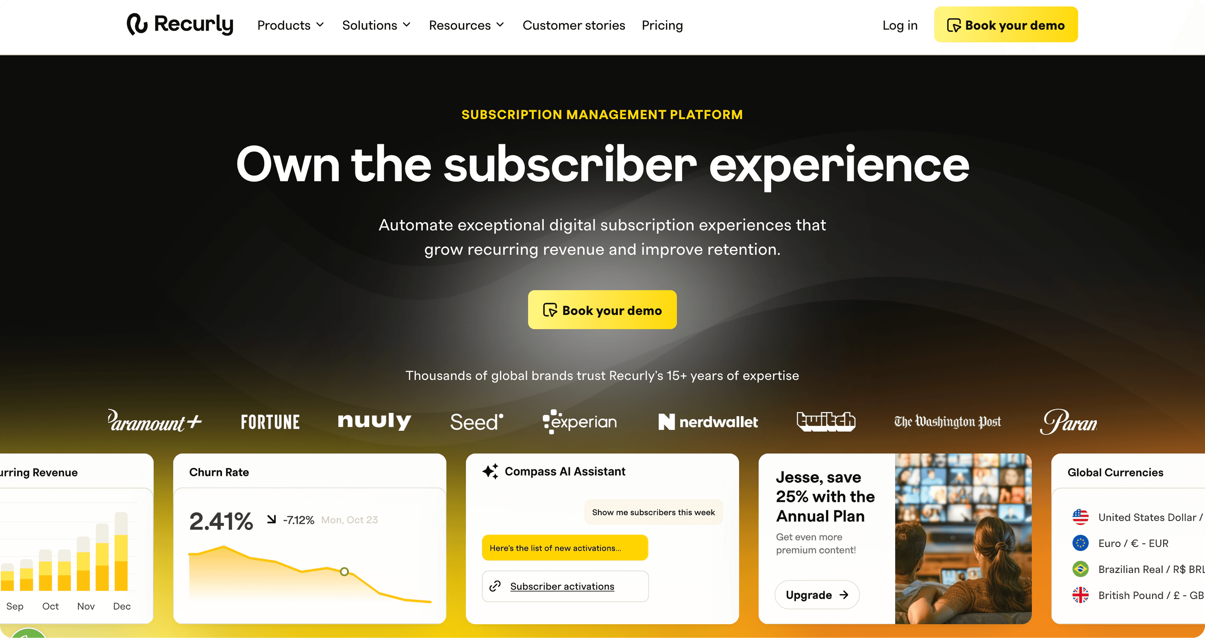 Recurly website homepage showcasing its subscription management platform and business analytics dashboard.