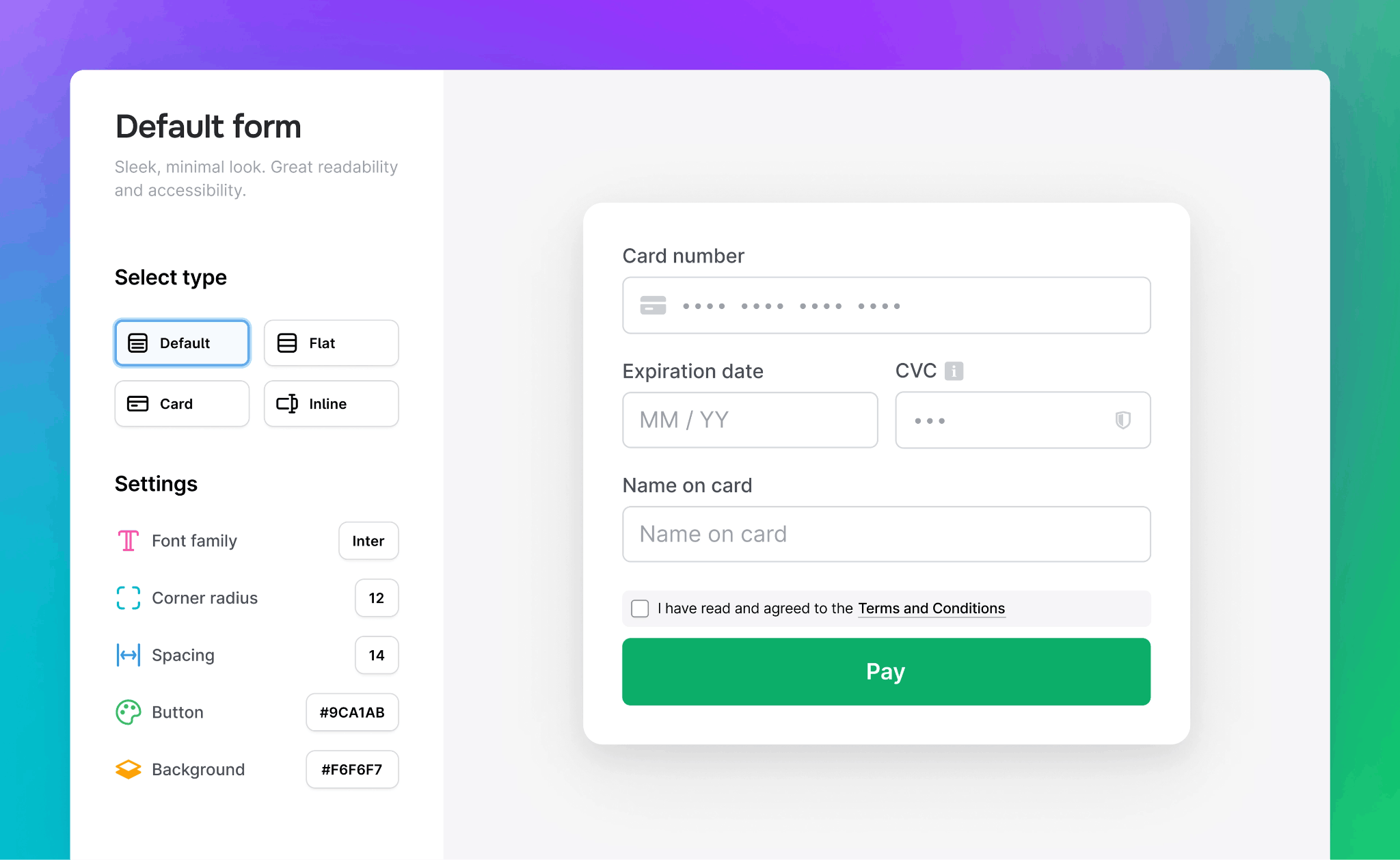 Default form editor showing customization options for a payment card input form.