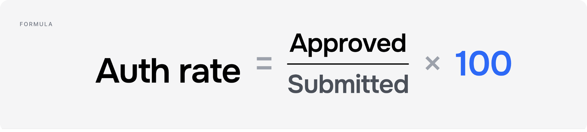Formula shows Auth rate = (Approved / Submitted) x 100, which calculates authentication success.