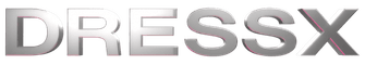 DRESSX logo in shiny metallic silver 3D letters on a black background.