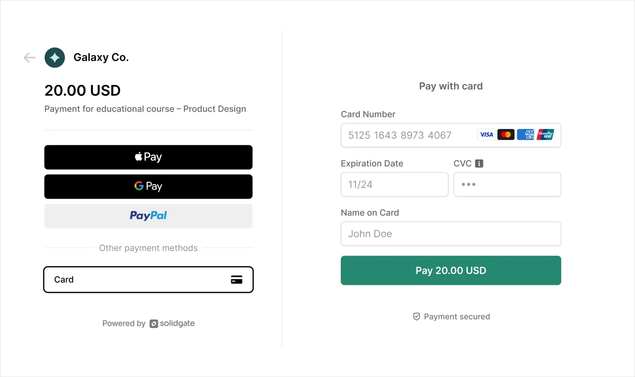 Online checkout page, showing a $20 USD payment for a product design course, with options for Apple Pay, Google Pay, PayPal, or entering card details.