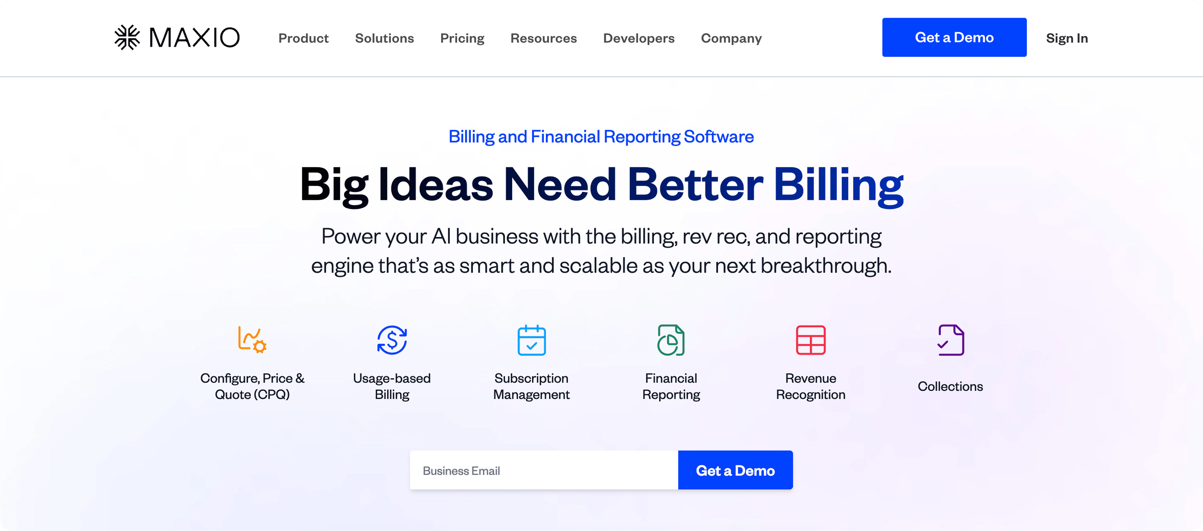 MAXIO platform for subscription billing and financial reporting software: 'Big Ideas Need Better Billing'.