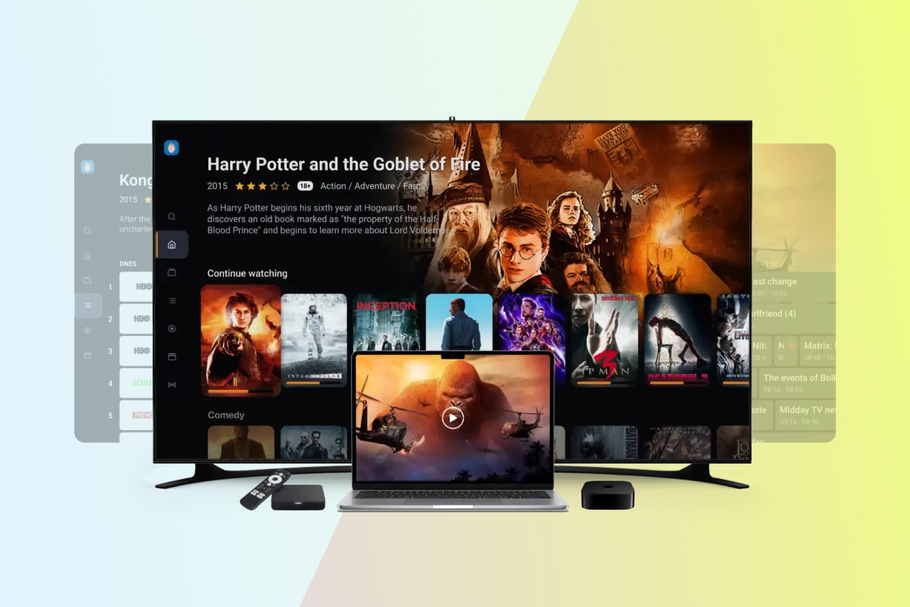 Smart TV screen displaying streaming content and devices in the center.