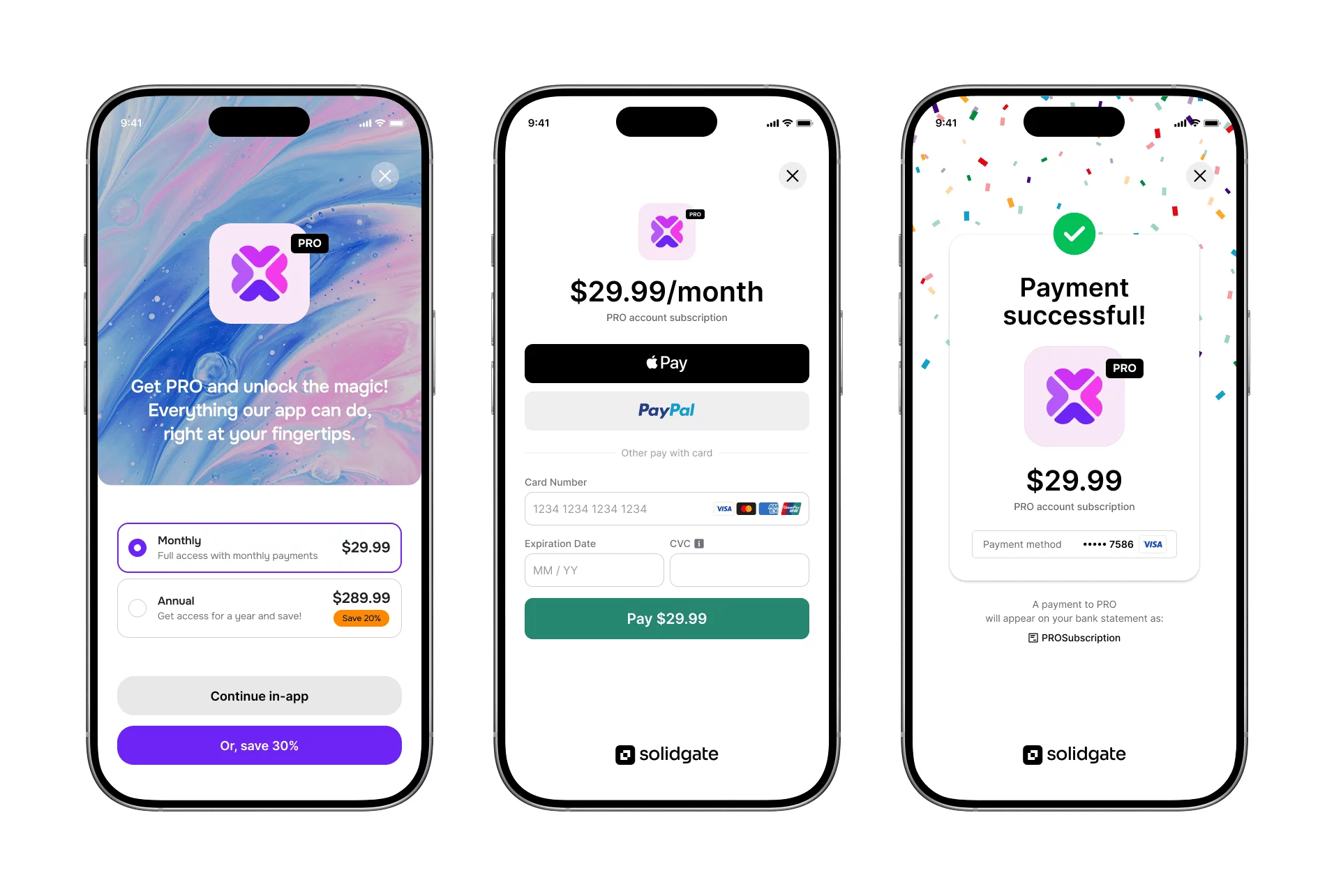 Three smartphone screens showing PRO subscription flow in an app: subscription offer with monthly and annual options, payment input screen with Apple Pay, PayPal, and card options, and payment success confirmation with a green checkmark and confetti.
