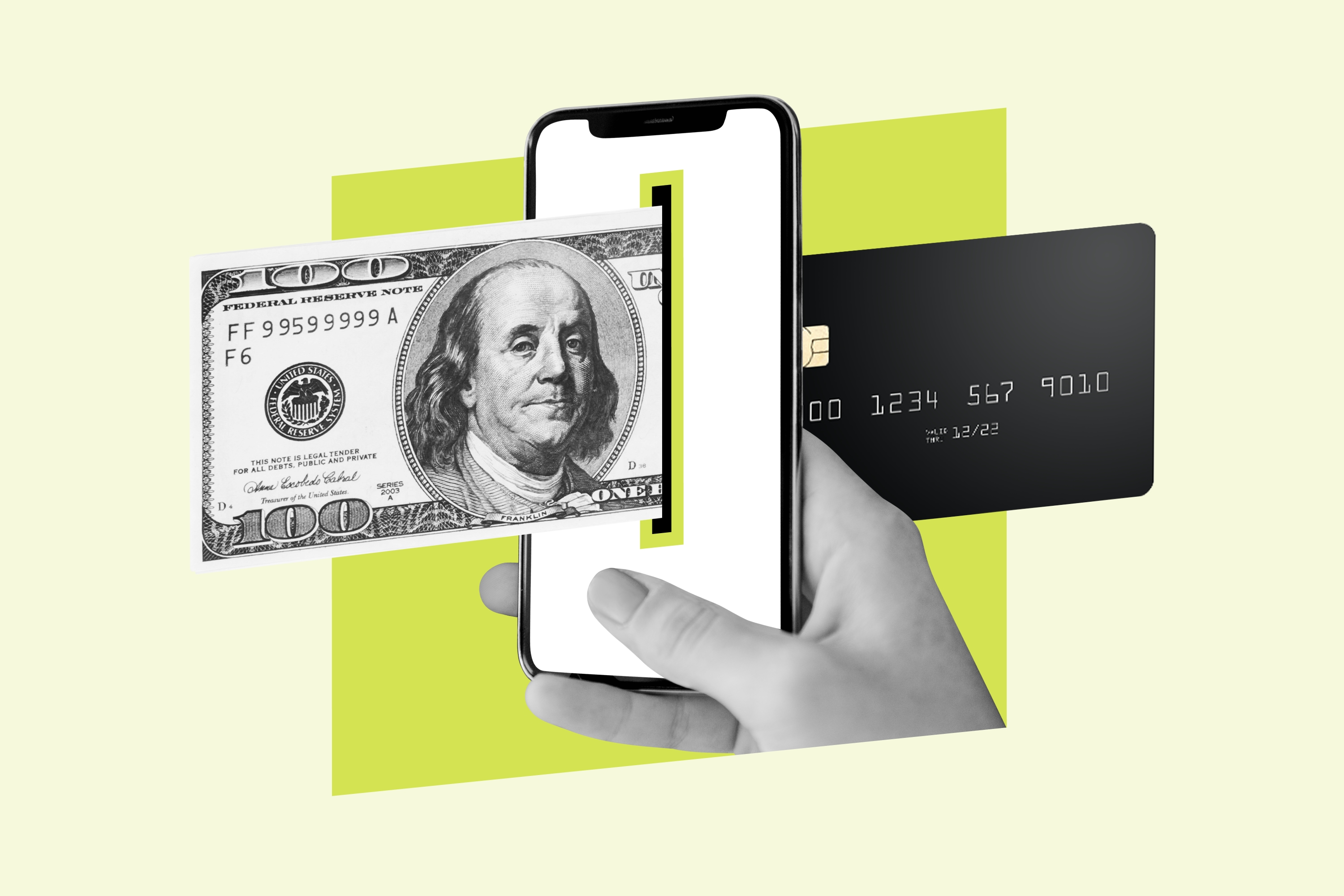 A hand holds a smartphone with a dollar bill and a credit card on either side, symbolizing digital money transfer and payments.
