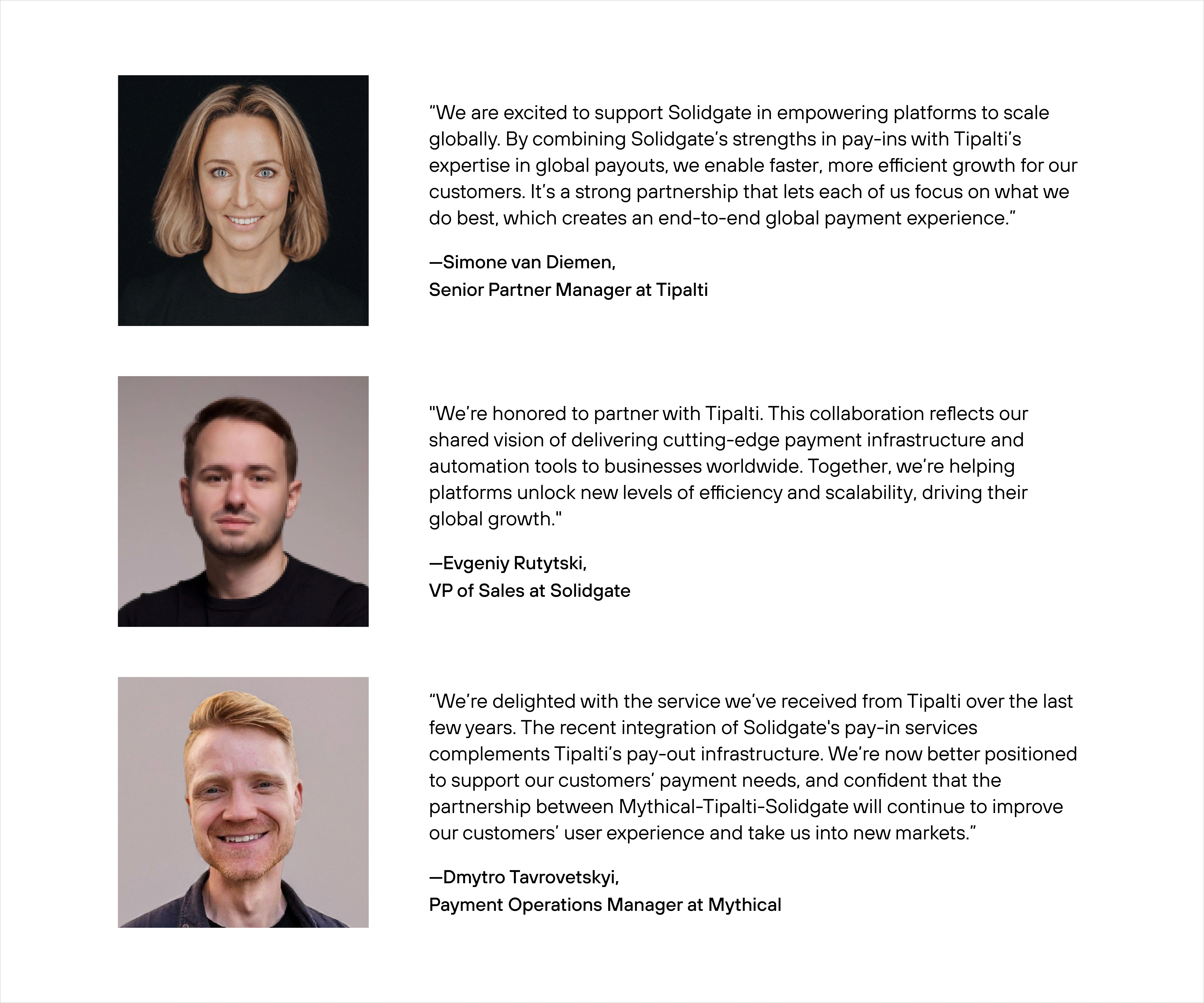 Three professional testimonials with names, titles, and company affiliations praising the partnership and integration between Solidgate, Tipalti, and Mythical for enhanced global payouts, payment infrastructure, and customer experience.