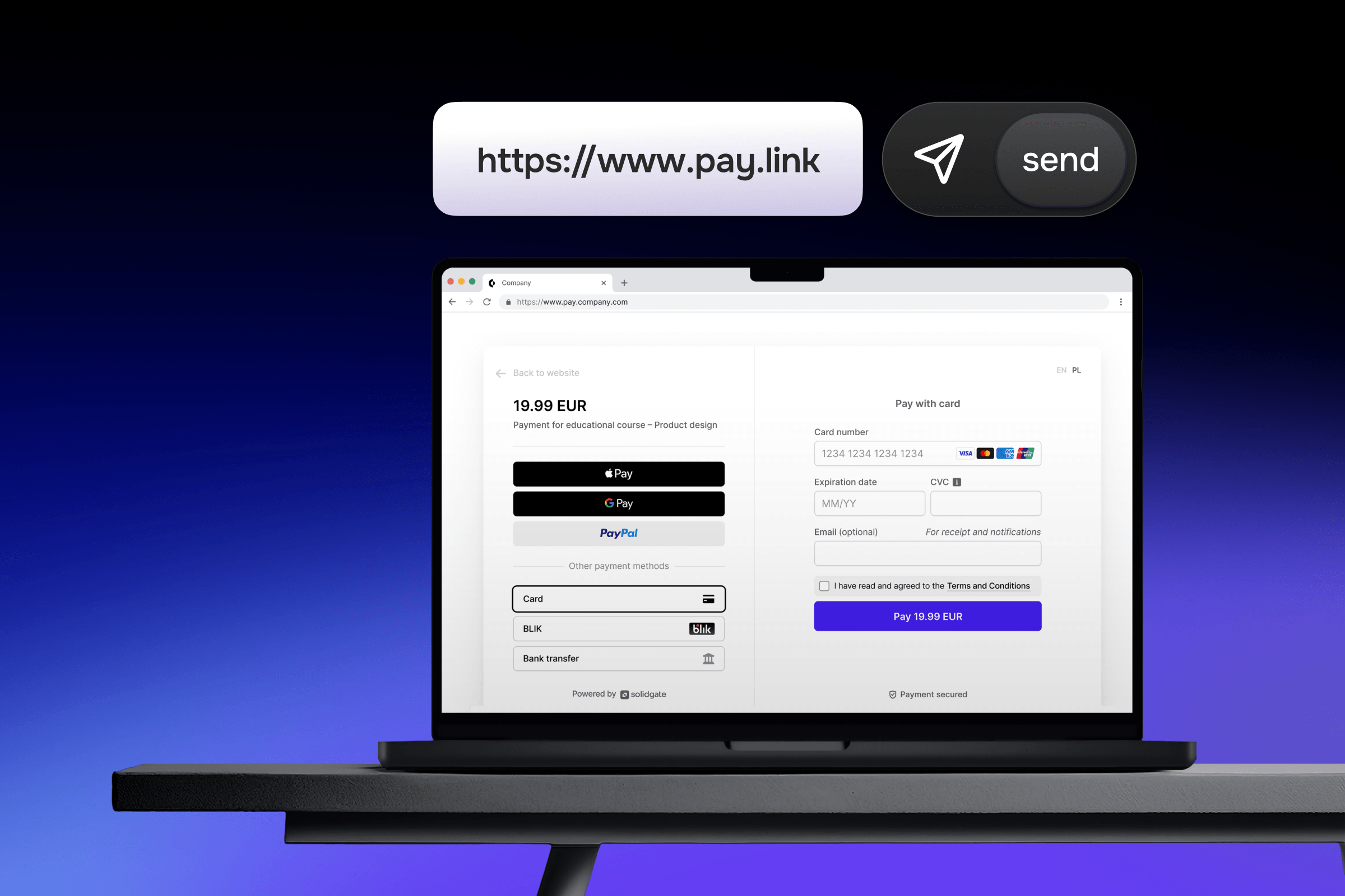 A laptop displays a payment link interface with an option to send the link.