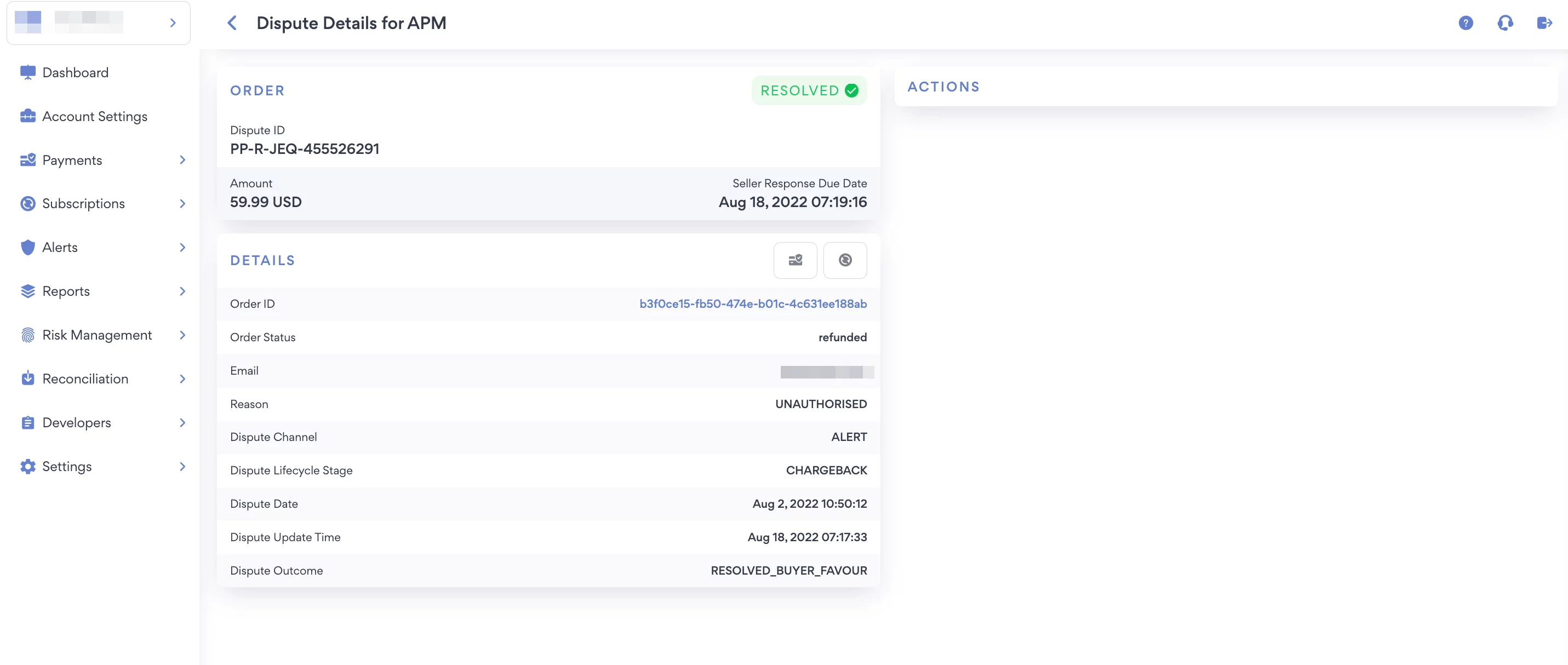 Dispute details dashboard for an APM shows a resolved PayPal order with chargeback, refunded status, and buyer-favor outcome.