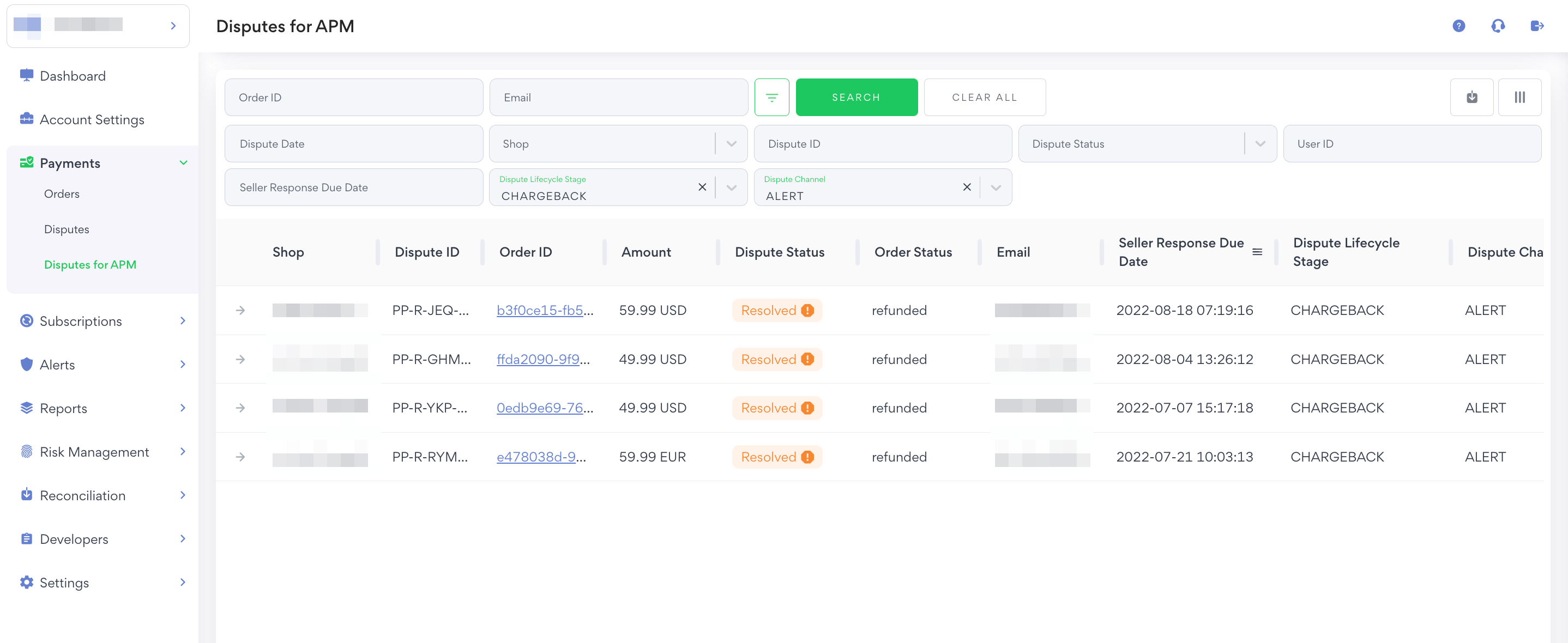 A dashboard shows a list of resolved payment disputes for APM, with amounts, order IDs, refunded status, and chargeback alerts.