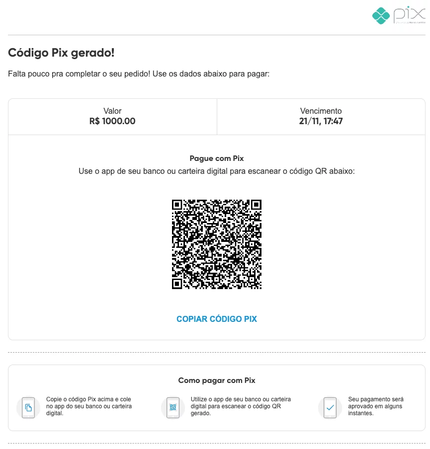 Pix payment page in Portuguese showing a QR code for R$1000.00, payment instructions, due date, and option to copy the Pix code.