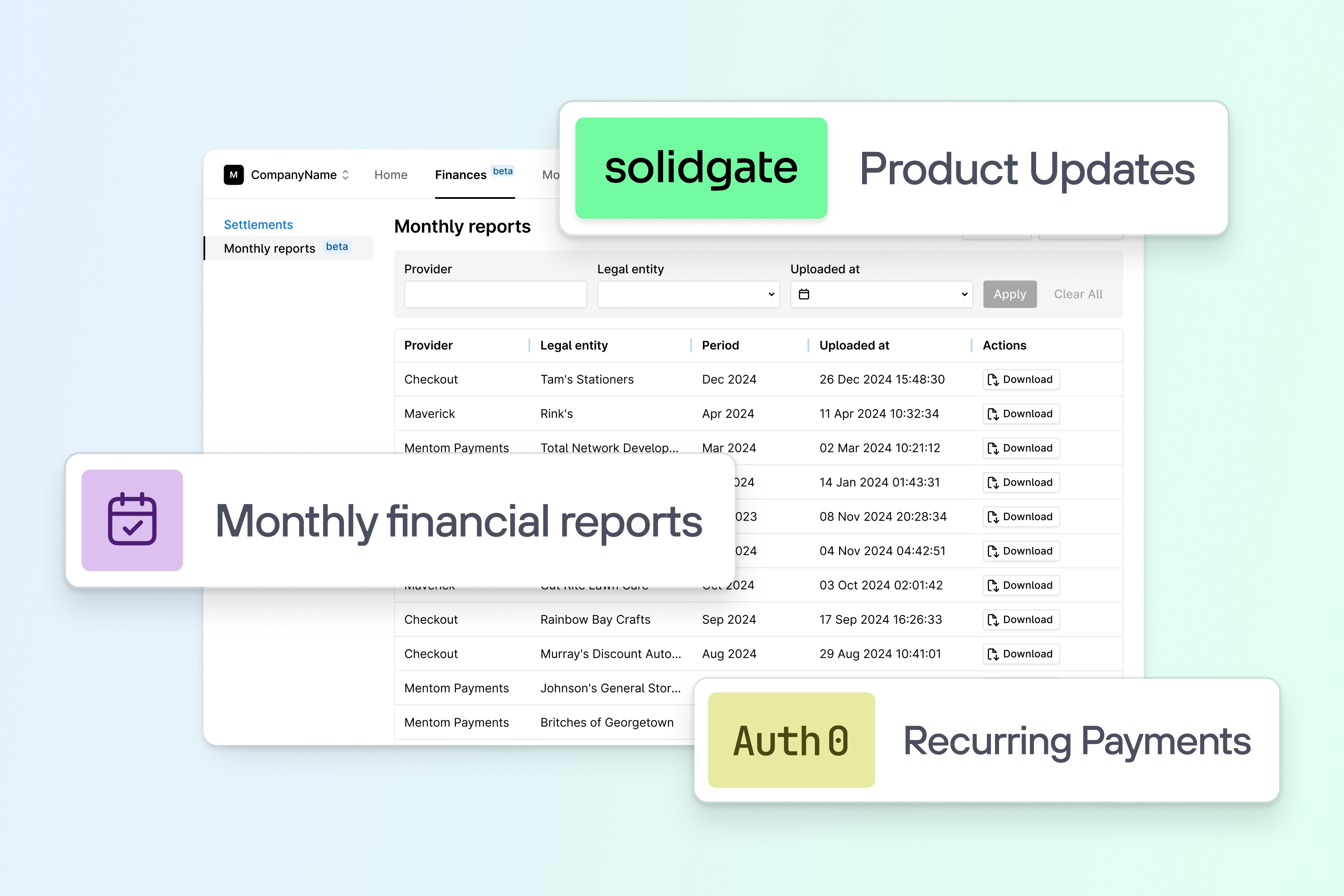 Solidgate monthly reports dashboard with table of financial reports, and feature labels for product updates, monthly financial reports, and recurring payments.
