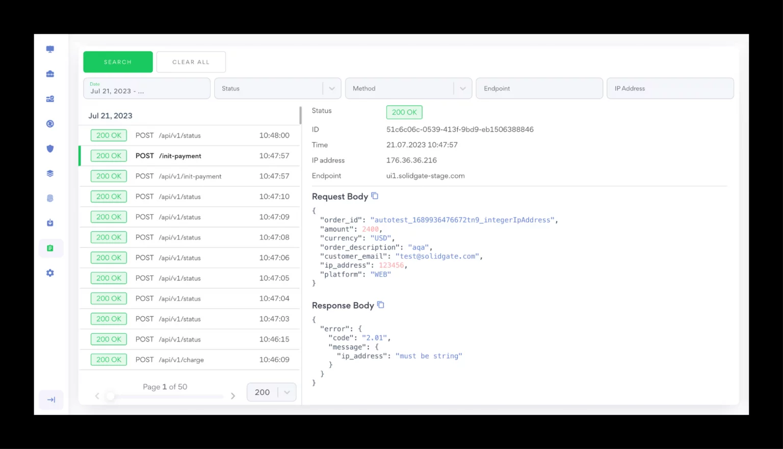 A hub account displays API request logs, including status codes, methods, endpoints, timestamps, and detailed request and response bodies for payment processing.