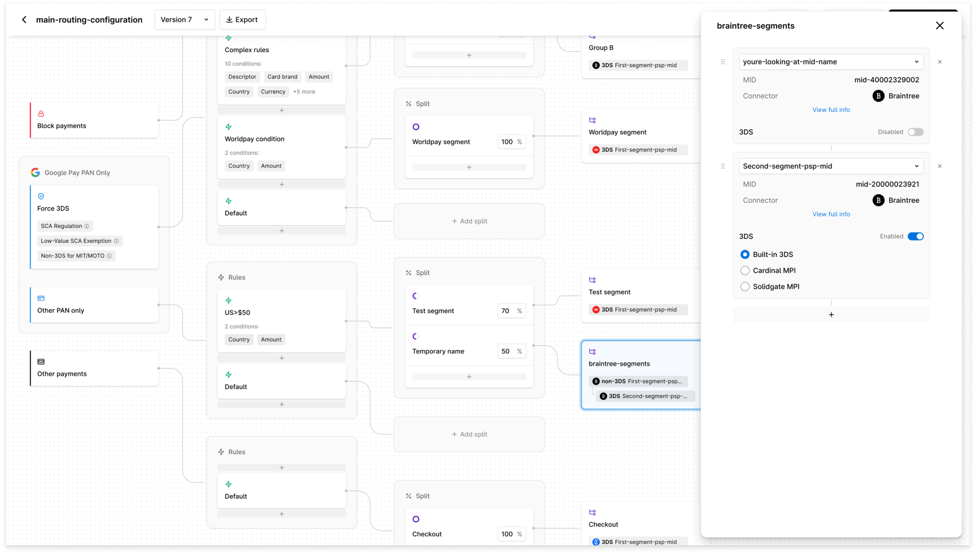The image shows a detailed interface of a payment routing configuration. It features multiple segments, connectors, and split options. The settings panel on the right side highlights