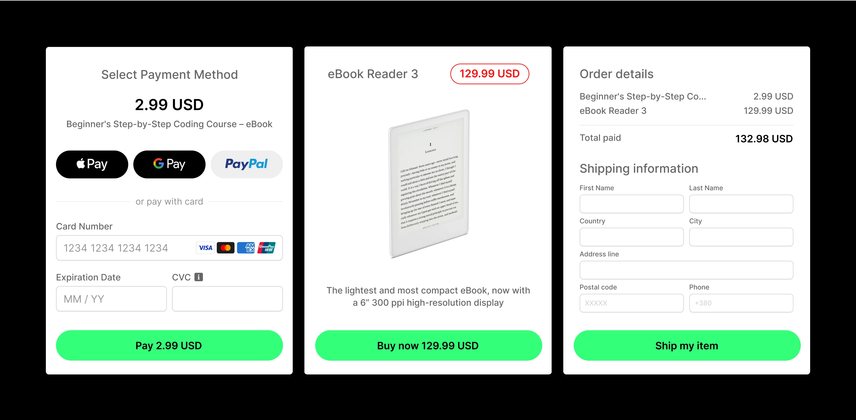Three-step payment flow: eBook purchase options, product details, and order summary with shipping information.