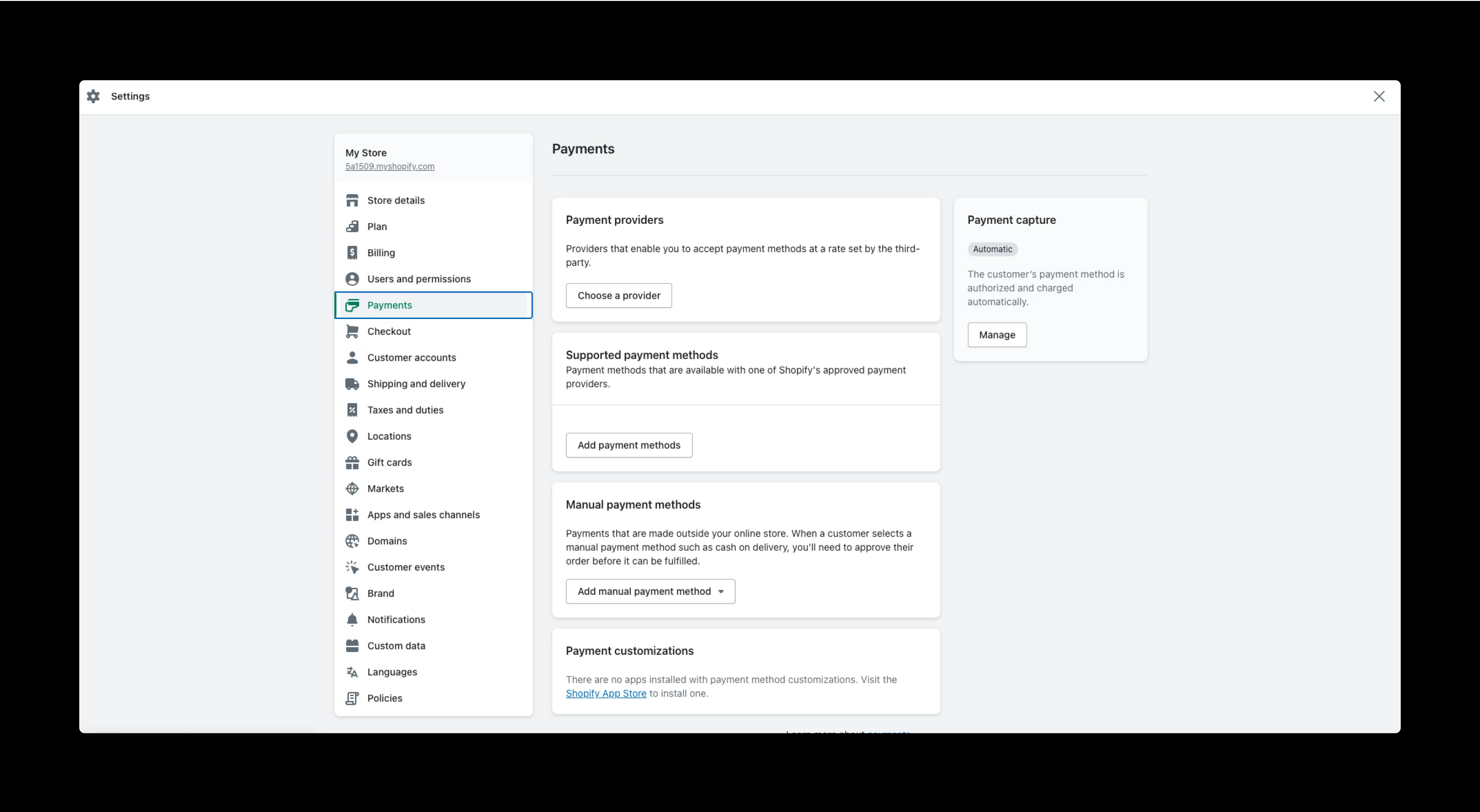 Shopify account settings with payments section selected.