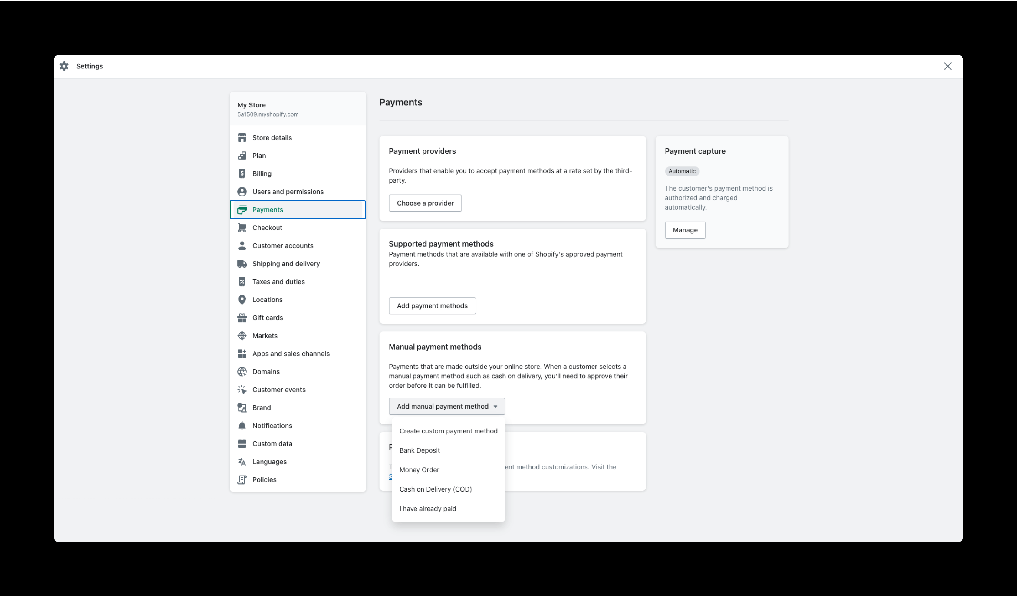 Shopify account with manual payment method selected.