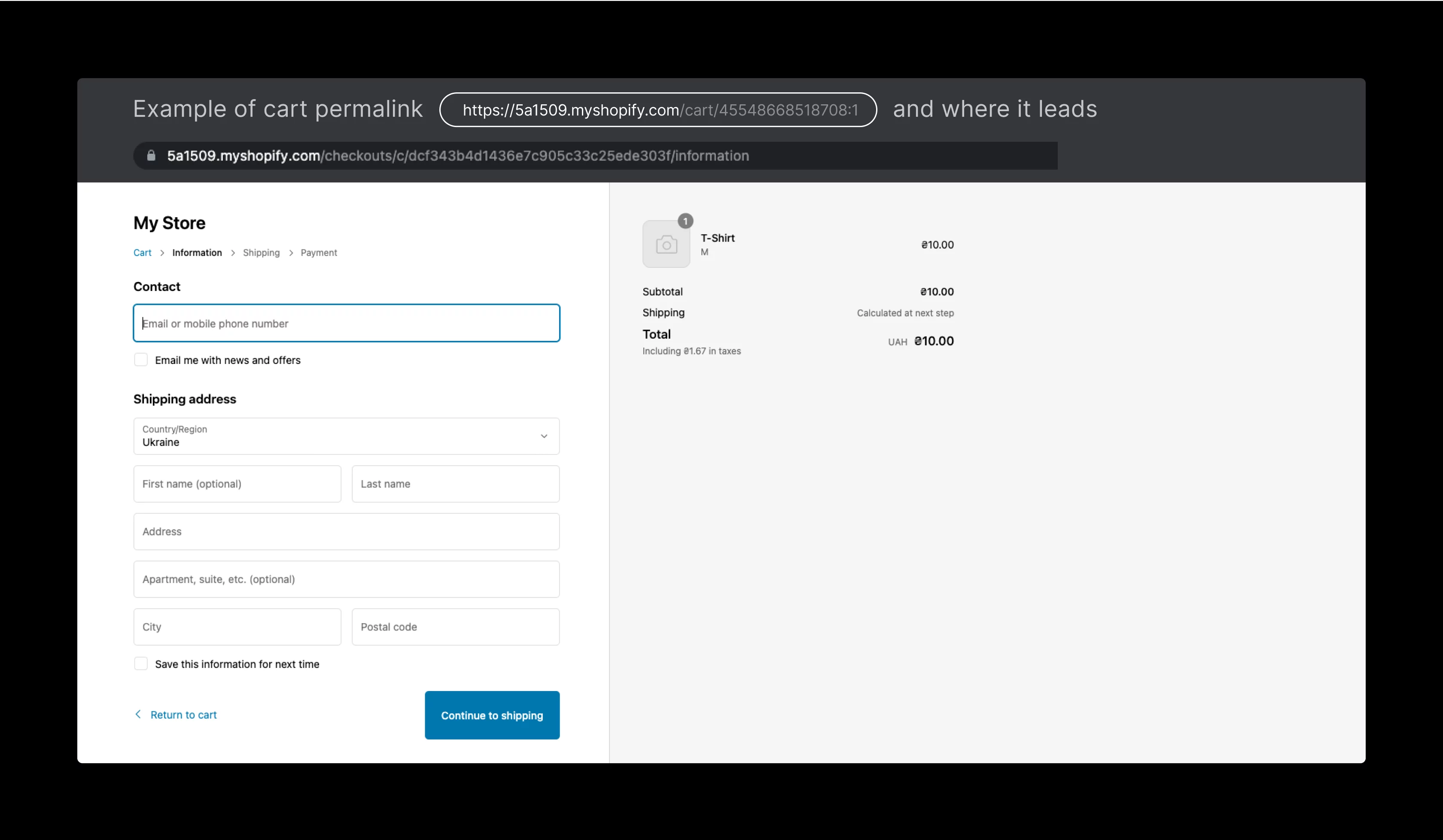 Screenshot of a Shopify cart permalink example showing a checkout page and sample customer form fields.