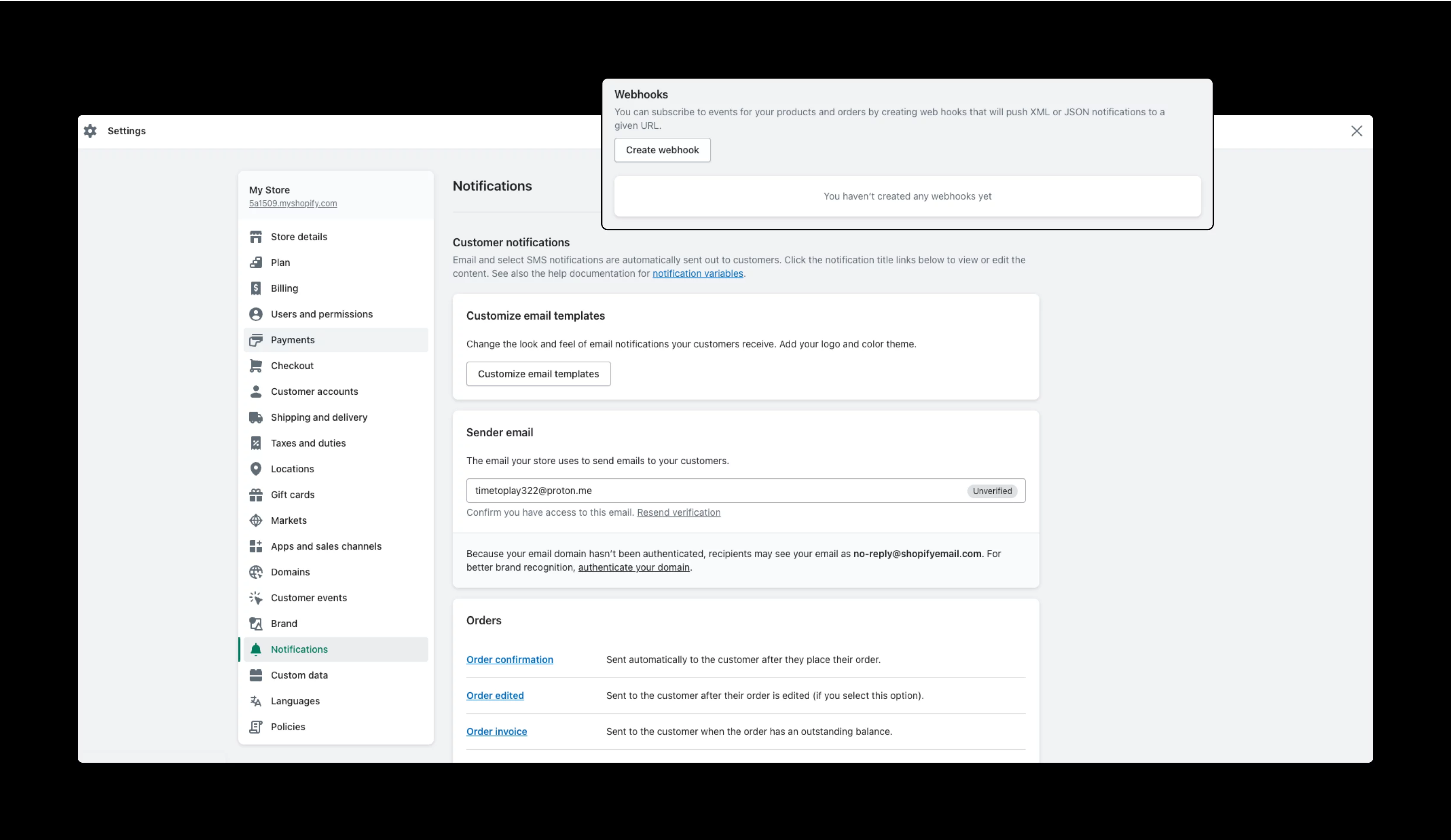 Shopify store notifications settings for customizing email templates, sender email, and webhook setup options.