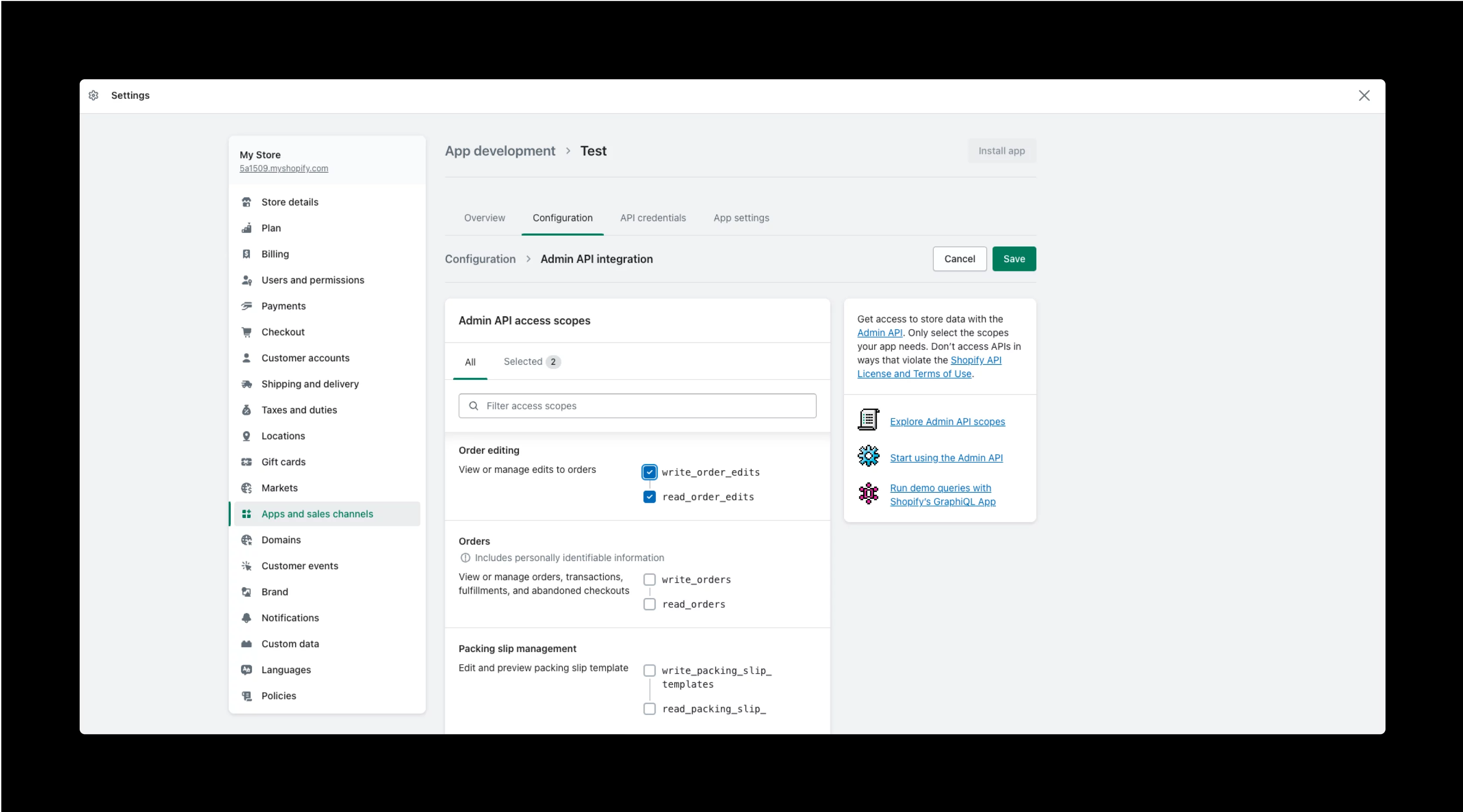 Shopify admin settings page displaying API access scopes for a custom app configuration.