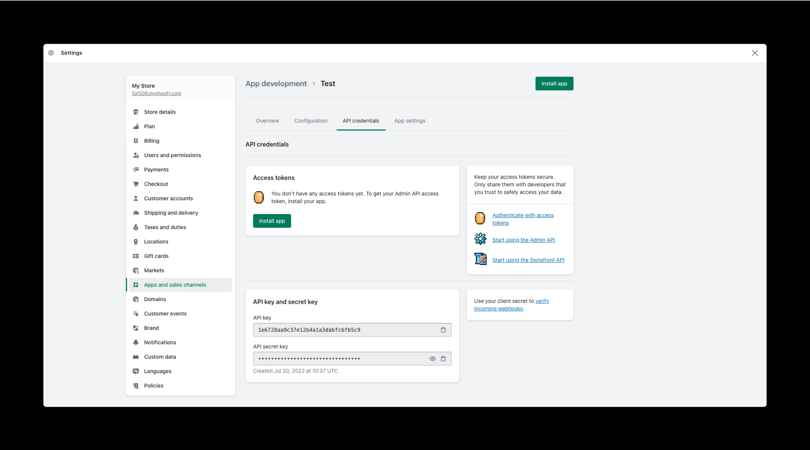 Shopify admin settings page showing API credentials section with access token and API key information.