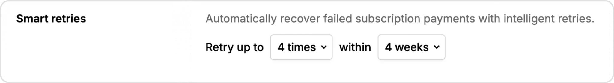 Smart retries setting with specified retries of up to four times within four weeks.