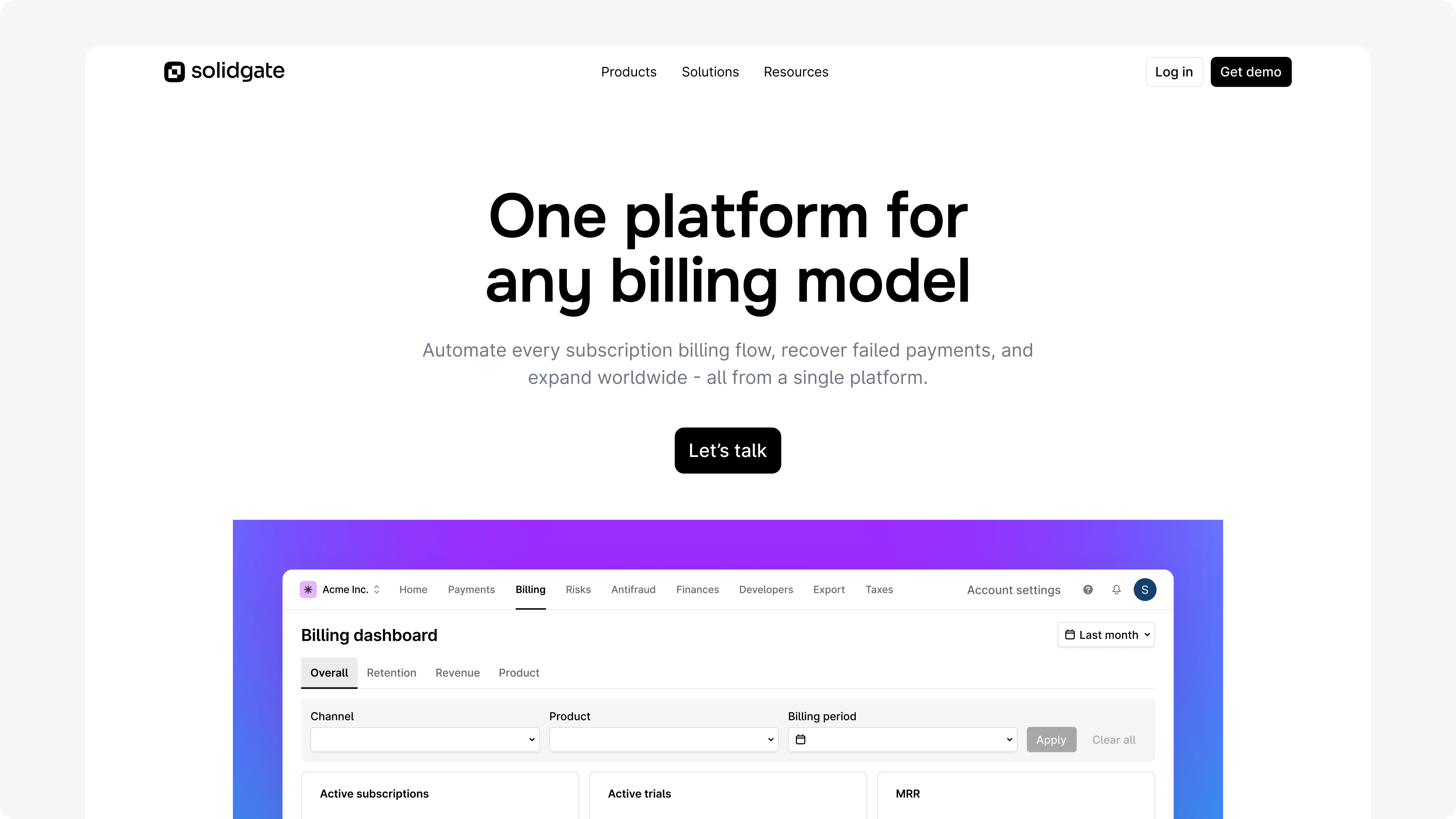 Solidgate website displaying its subscription billing software with a billing dashboard.