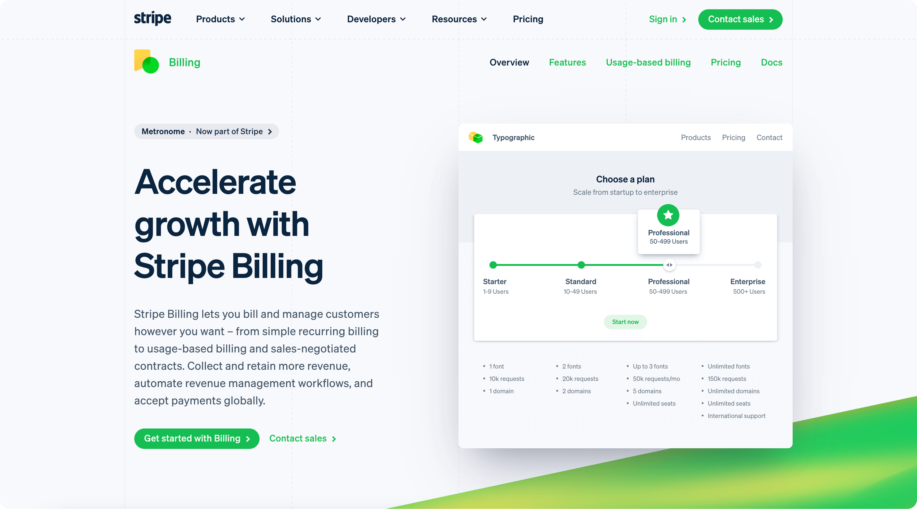 Stripe Billing website homepage displaying its subscription billing software and a plan selection slider interface.