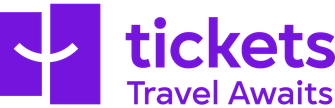 Purple logo for 'tickets' with 'Travel Awaits' tagline and abstract design.