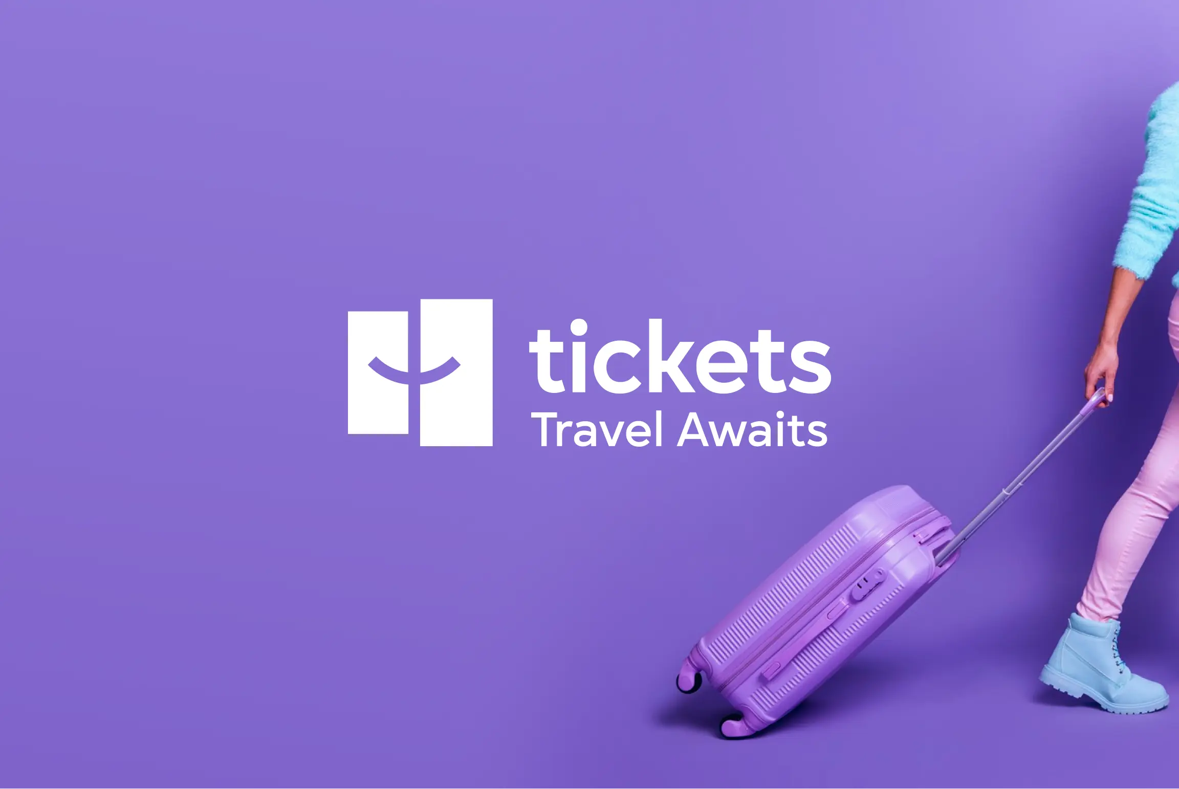 Person pulls purple luggage across a purple background with the 'tickets Travel Awaits' logo.