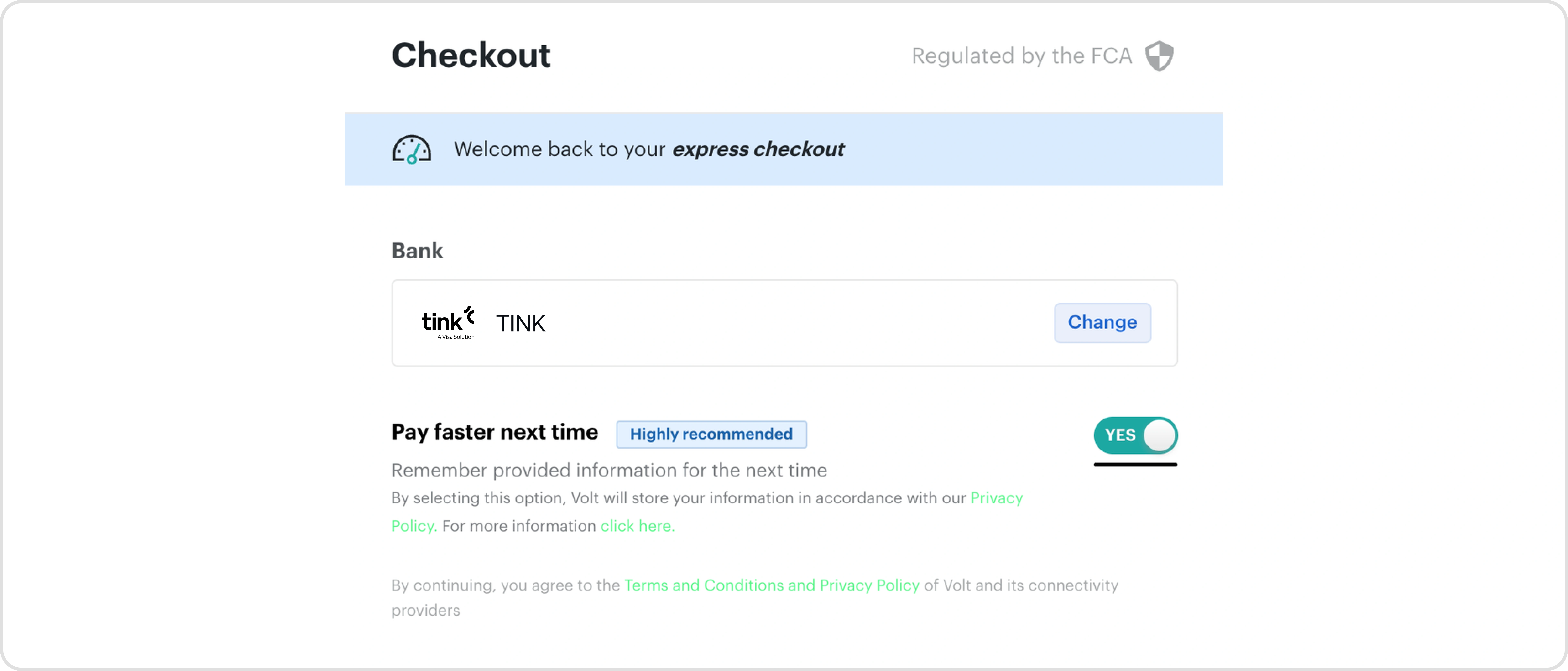 Express checkout screen with Tink bank selected, an option to save info for faster payment next time, and toggle set to Yes.