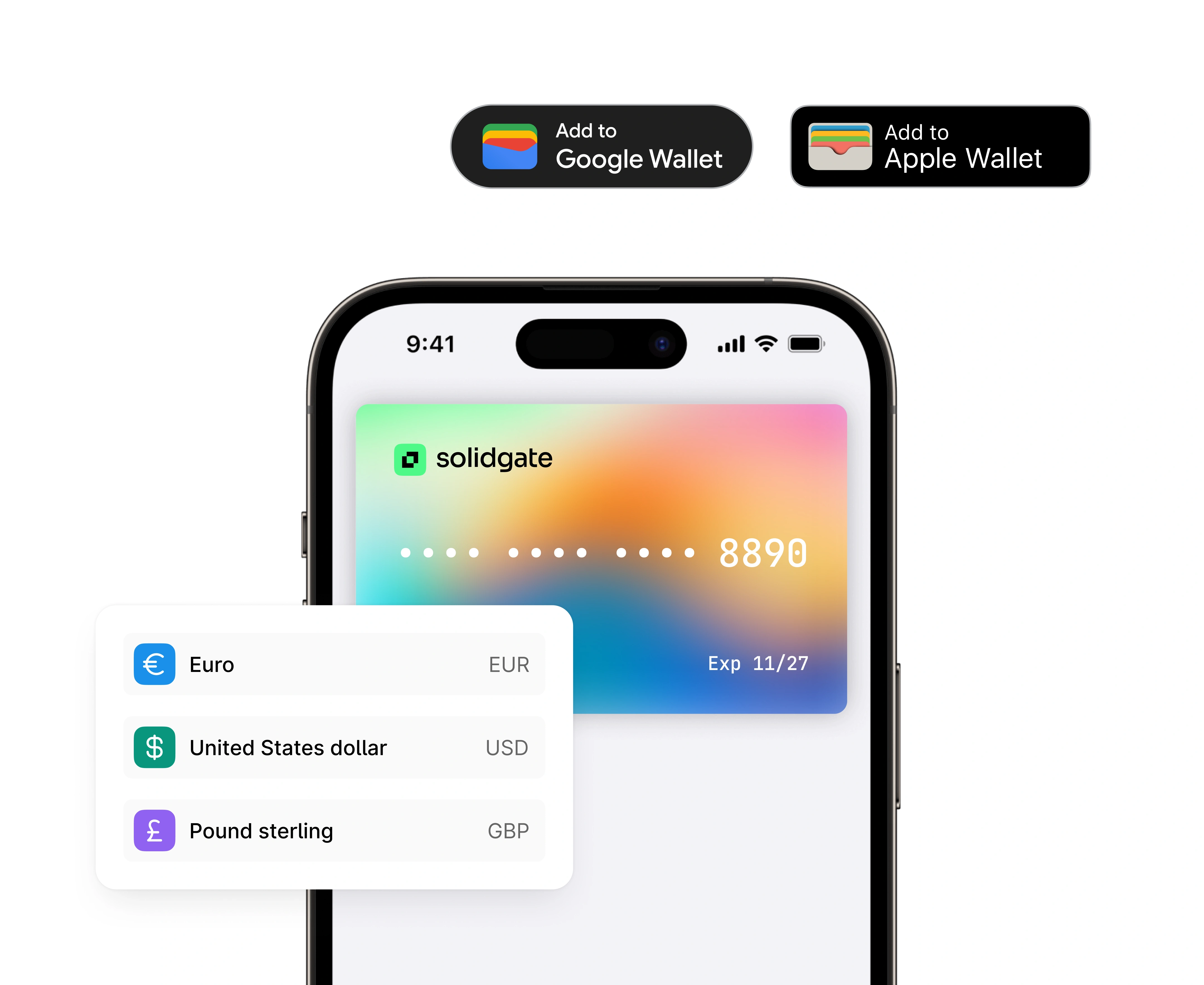 Solidgate virtual card displayed in a mobile wallet app on a phone screen, with buttons to add to Google Wallet or Apple Wallet and supported currencies Euro, USD, and GBP.