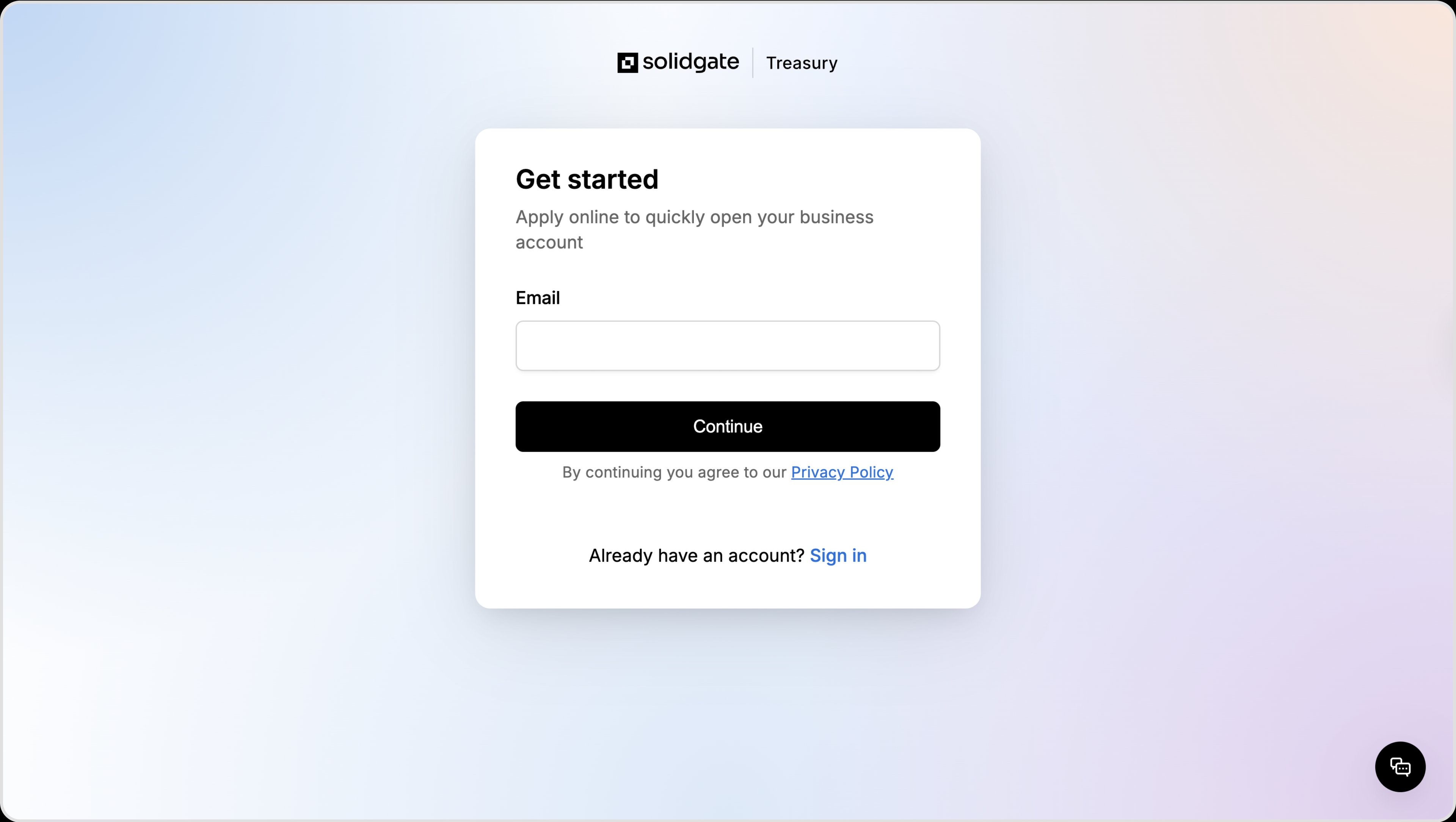 Solidgate Treasury account signup screen with email input, Continue button, and link to sign in for existing accounts.
