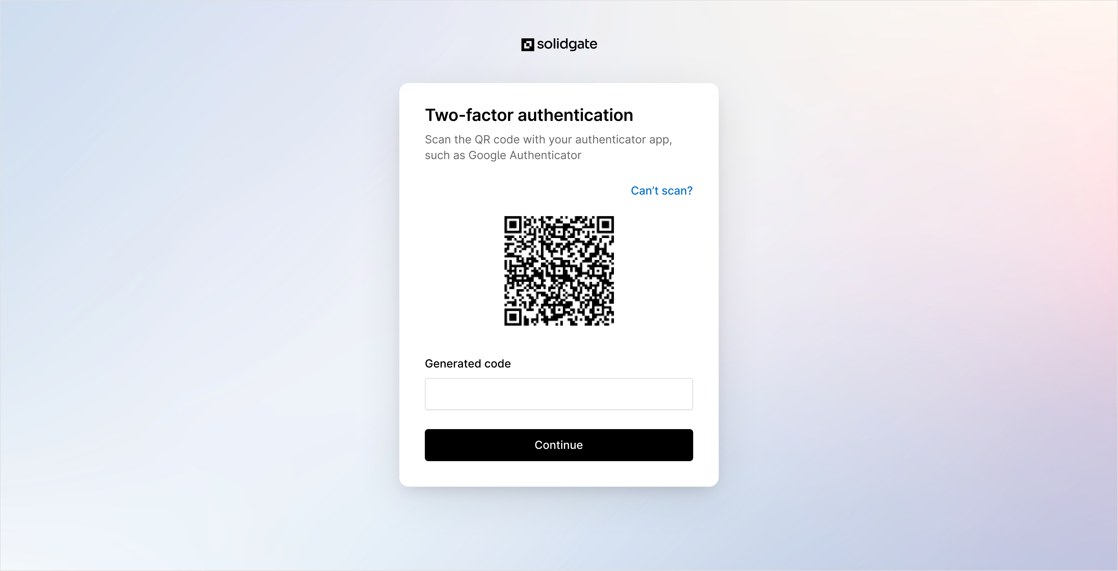 Solidgate two-factor authentication screen with QR code, input field for generated code, and a Continue button.