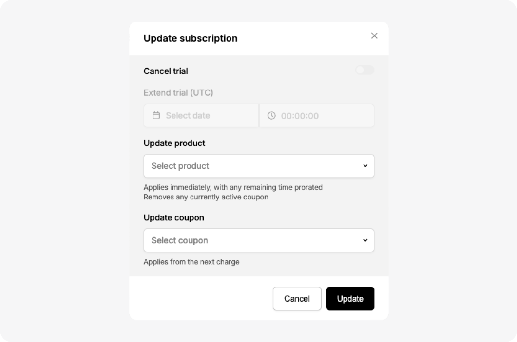 Dialog for updating subscription details, including options for trial, product, and coupon management.